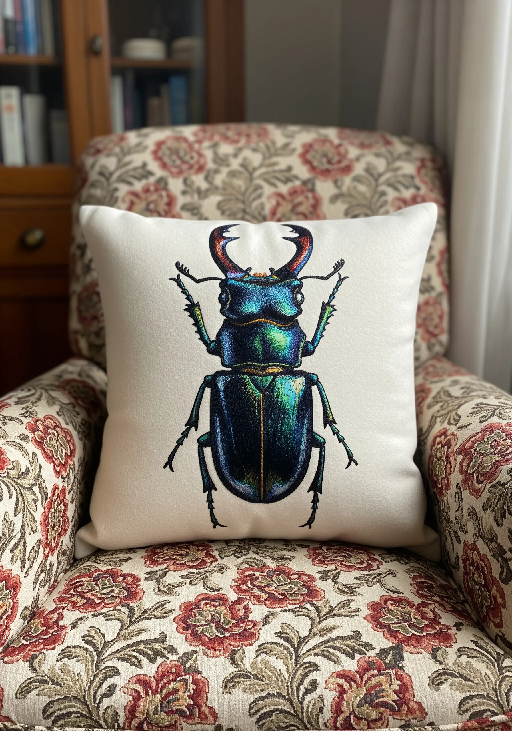 A white throw pillow featuring a large, intricately embroidered stag beetle with an iridescent sheen.