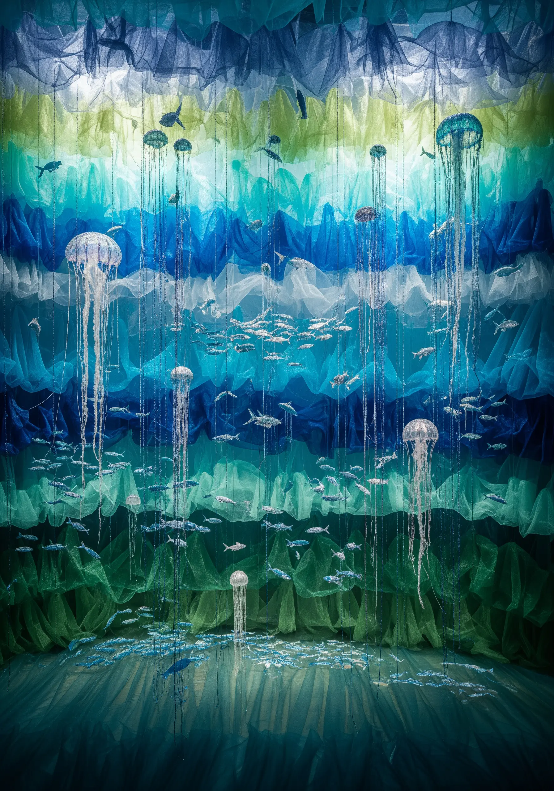 An immersive art installation of an ocean scene, made with layered blue and green tulle.