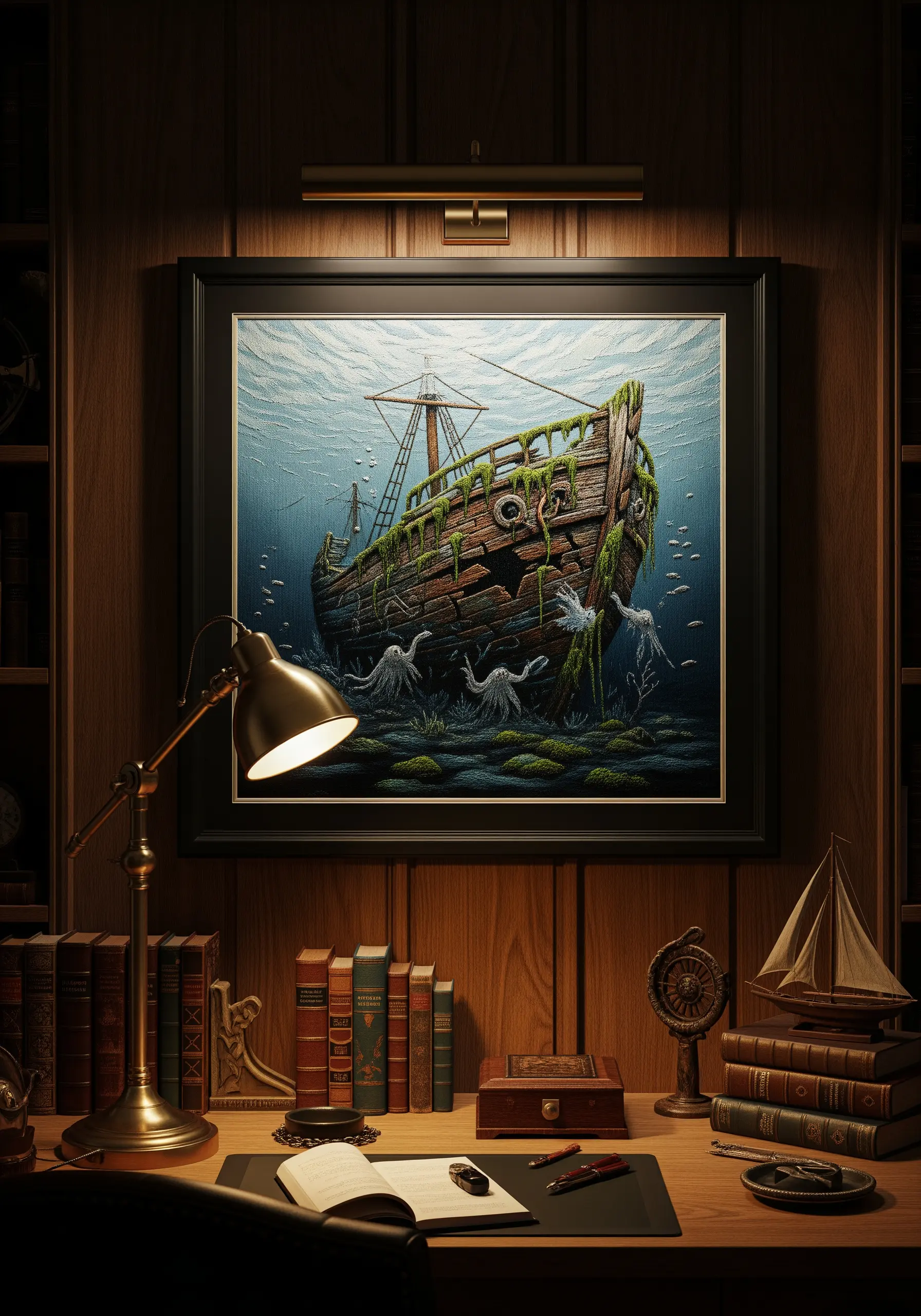 Moody embroidery of a sunken ship overgrown with moss at the bottom of the ocean.