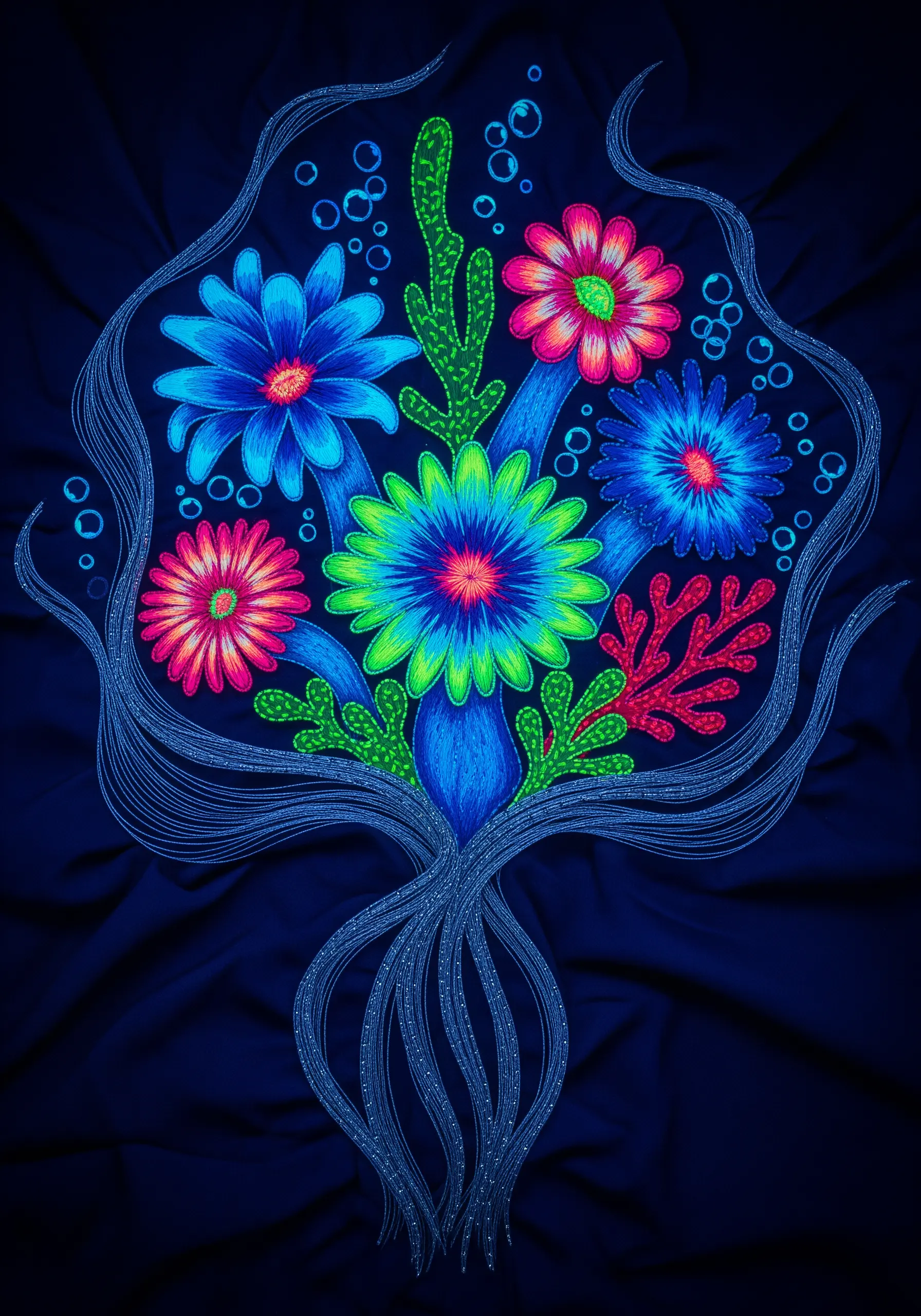 A surreal, underwater-themed bouquet with neon flowers and bubble details on dark blue fabric.