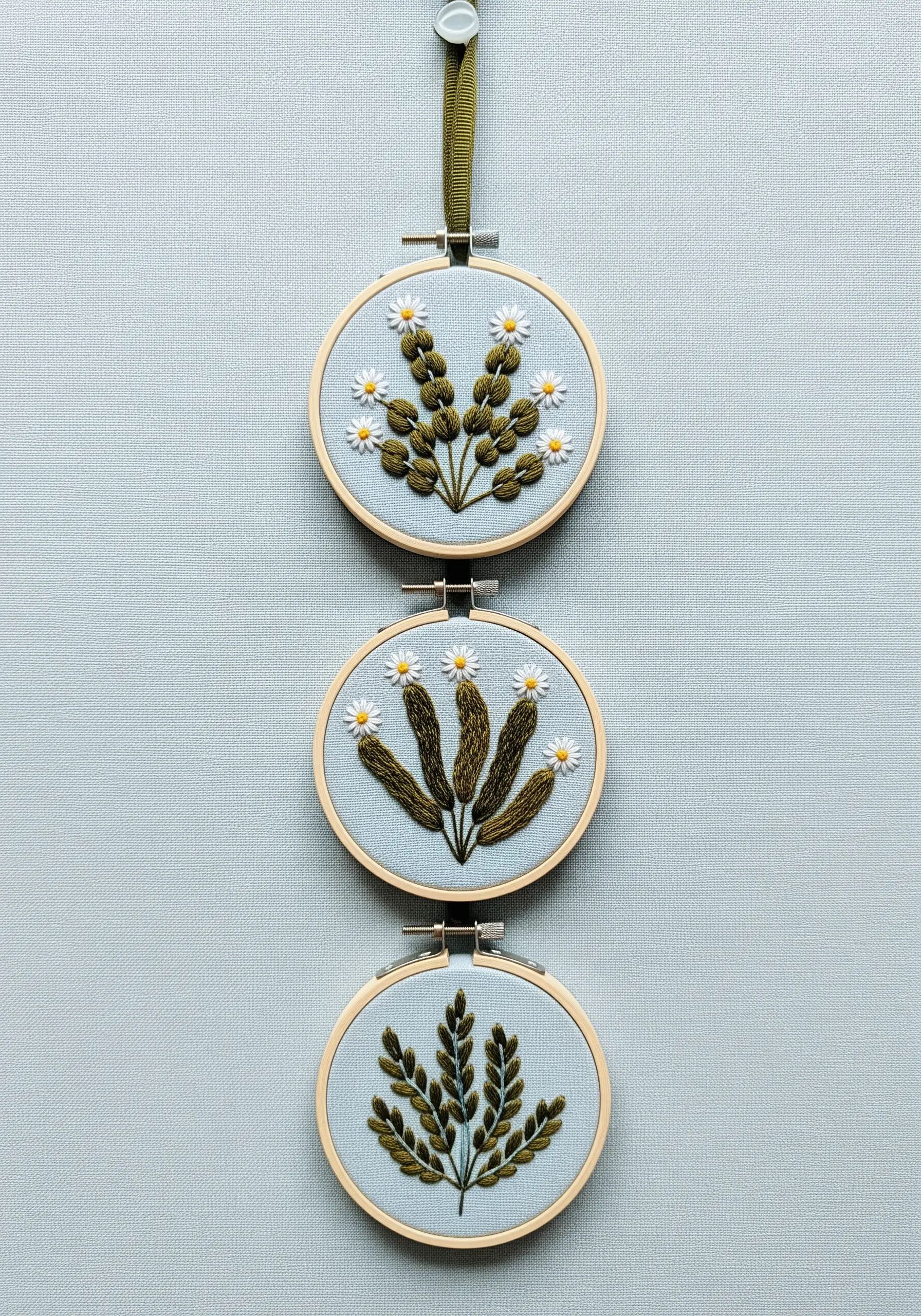 Three small embroidery hoops showing different seaweed patterns stitched in olive green.