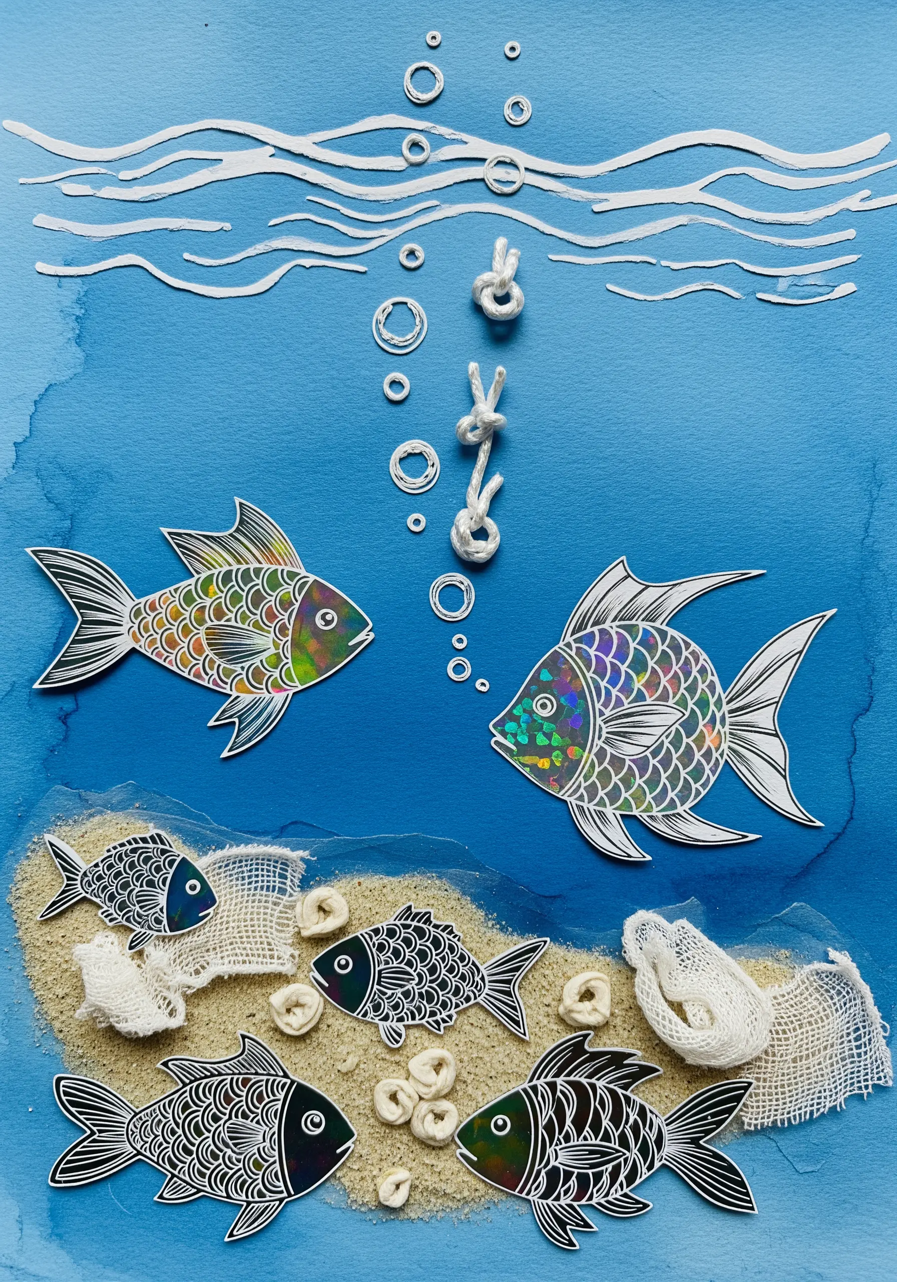 An underwater collage with paper fish, knotted white cord for bubbles, and gauze for texture.