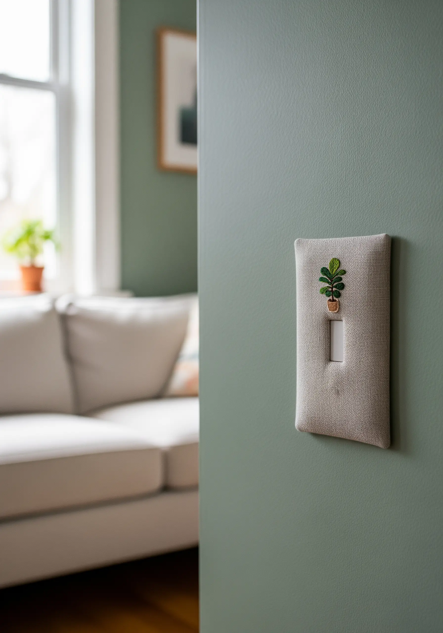 A linen-covered light switch plate with a tiny embroidered potted plant above the switch.