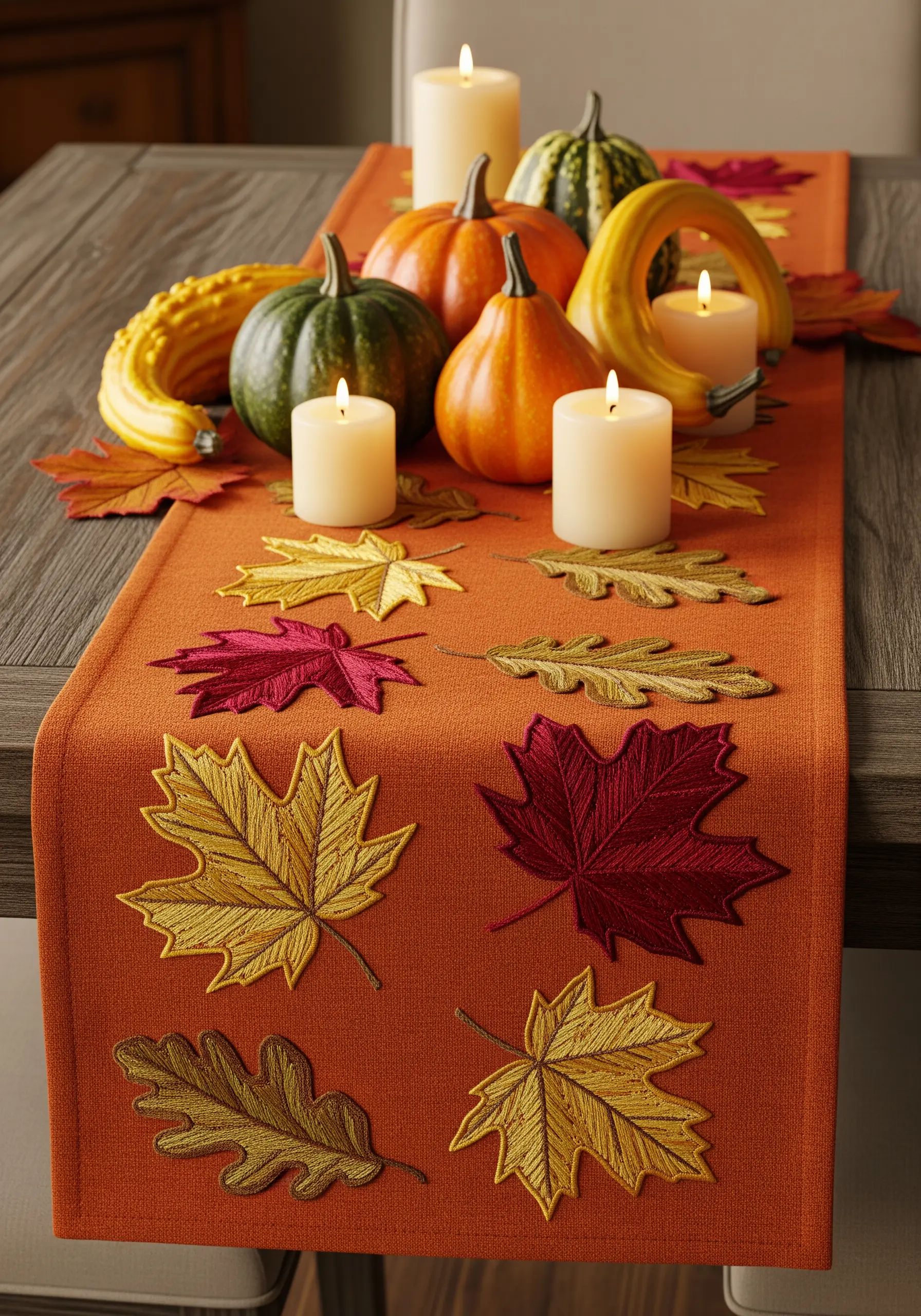 Embroidered autumn leaves in red, gold, and brown scattered on an orange table runner.