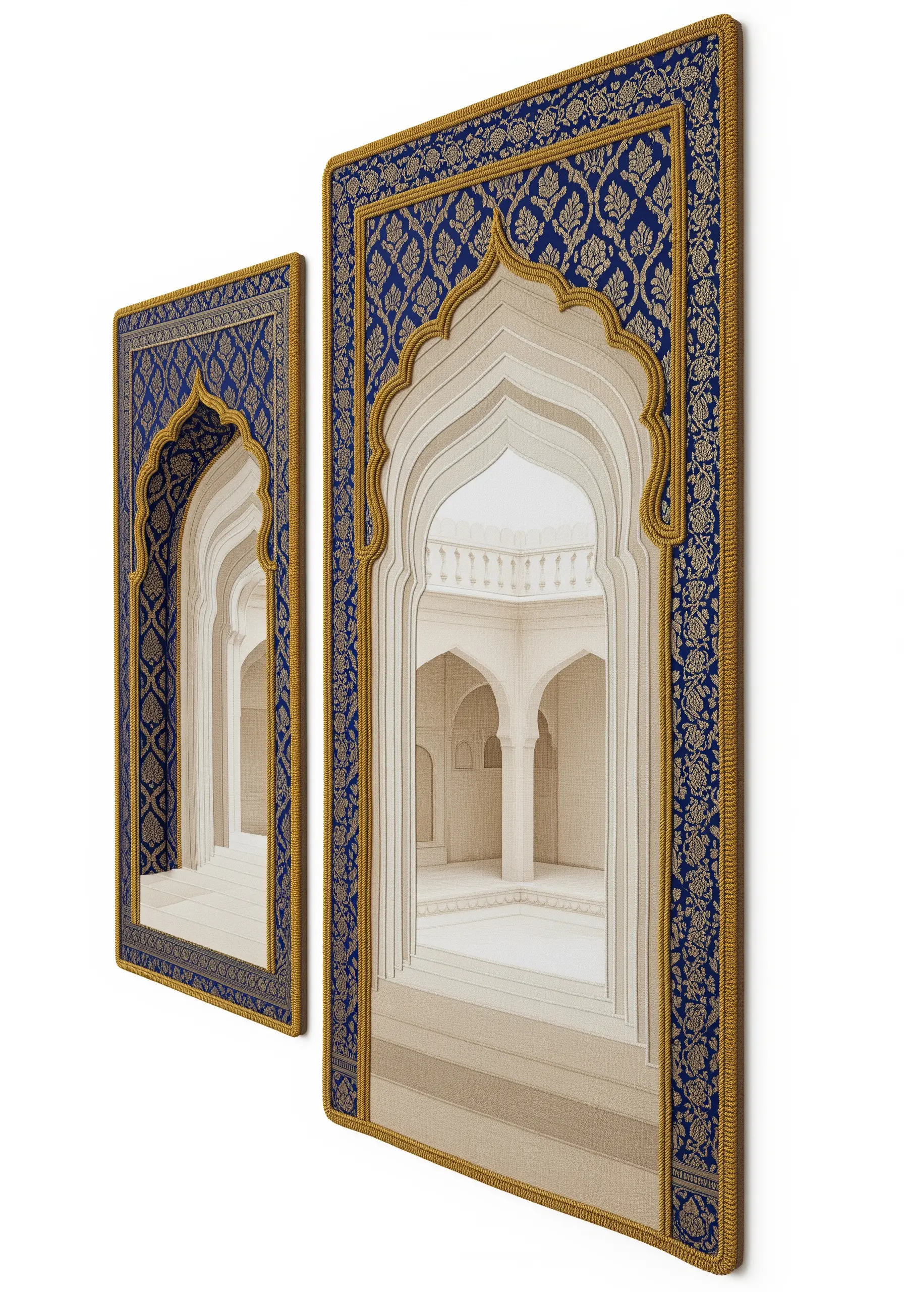 Two fabric wall hangings with ornate blue and gold saree borders framing an architectural image.