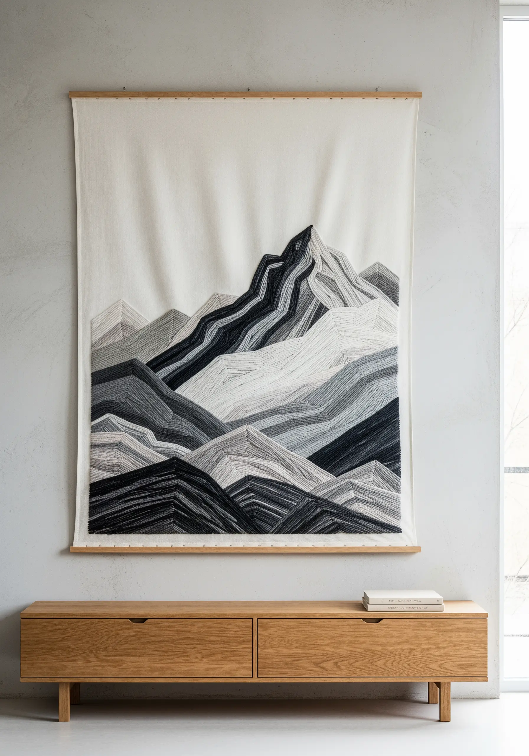 Monochrome mountain range embroidered on a large fabric wall hanging.