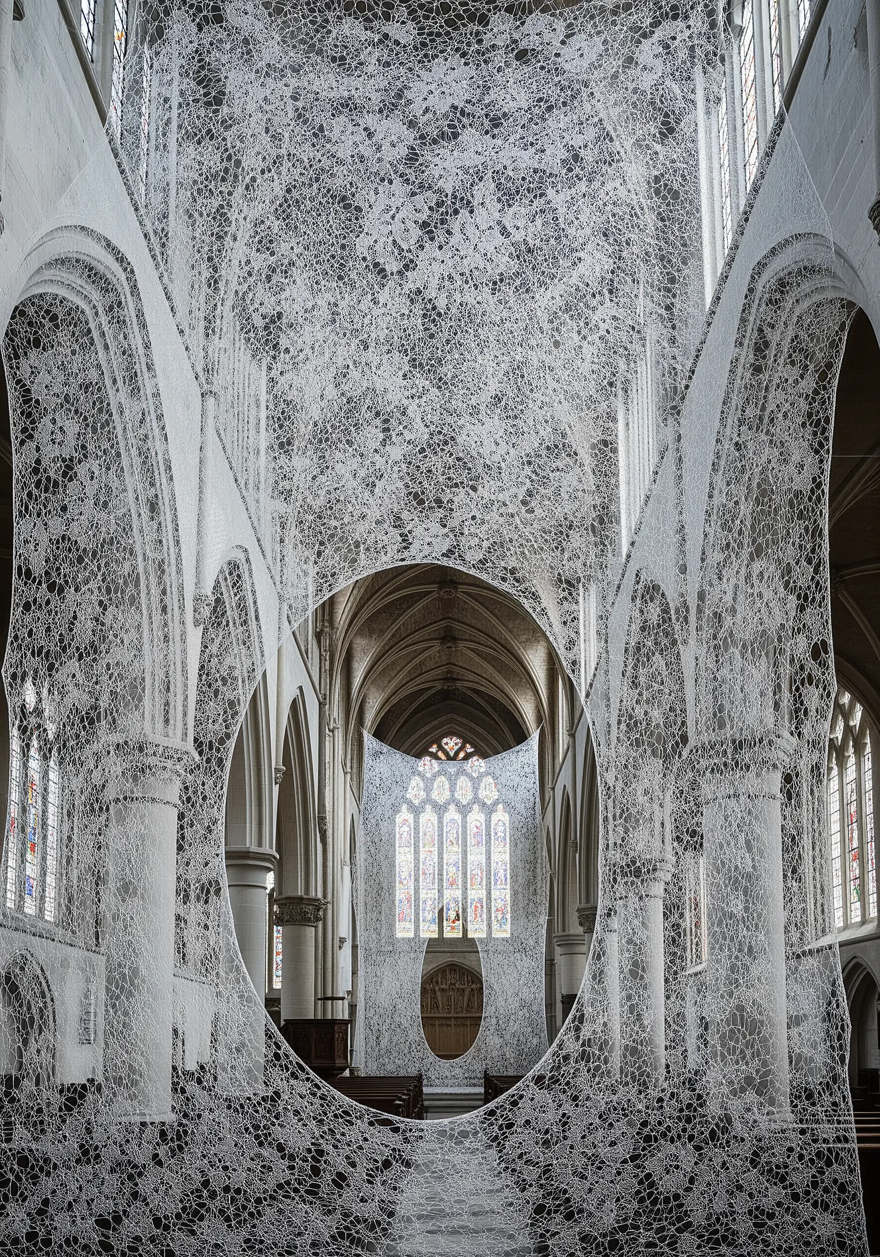 A massive, delicate white thread installation resembling a web stretched within a cathedral.
