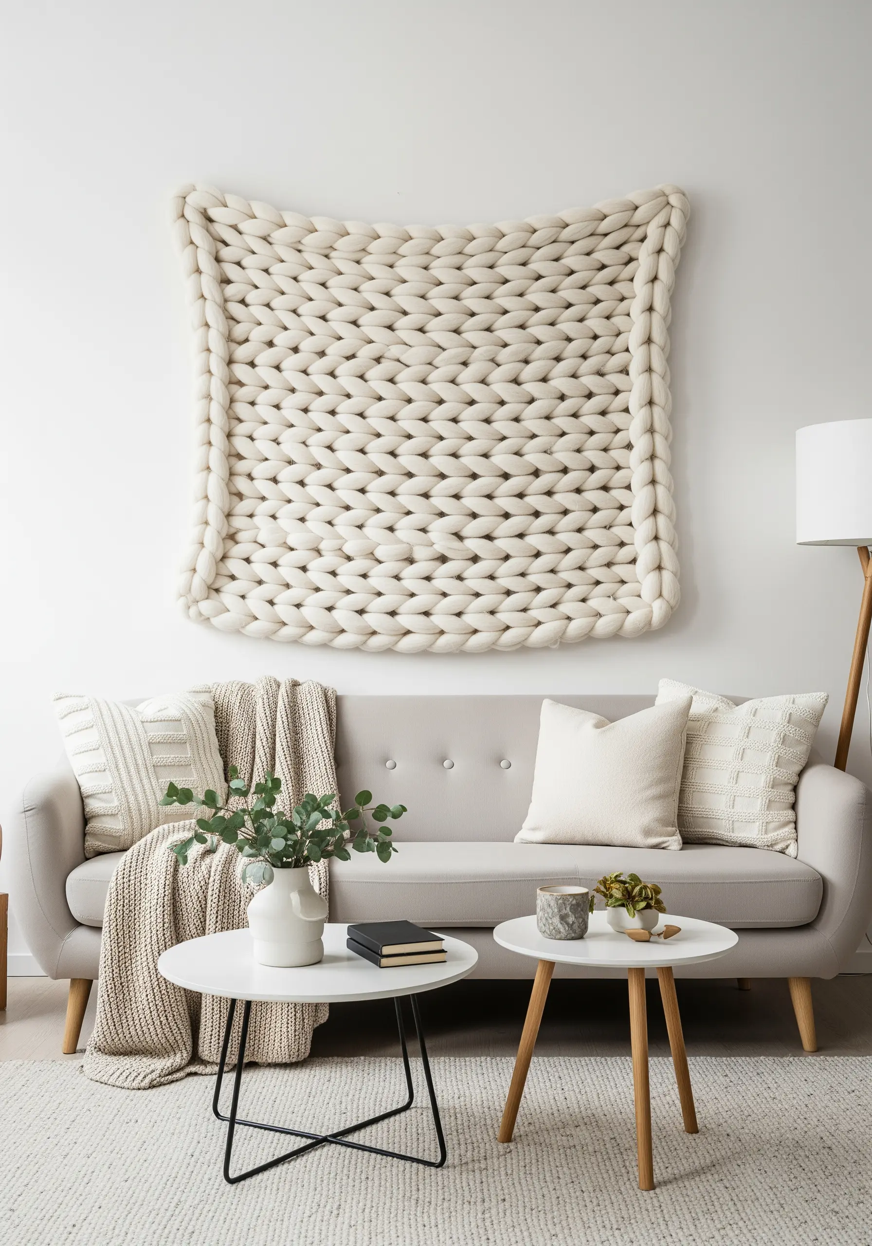 A giant, chunky-knit wall hanging in a neutral cream color above a modern grey sofa.