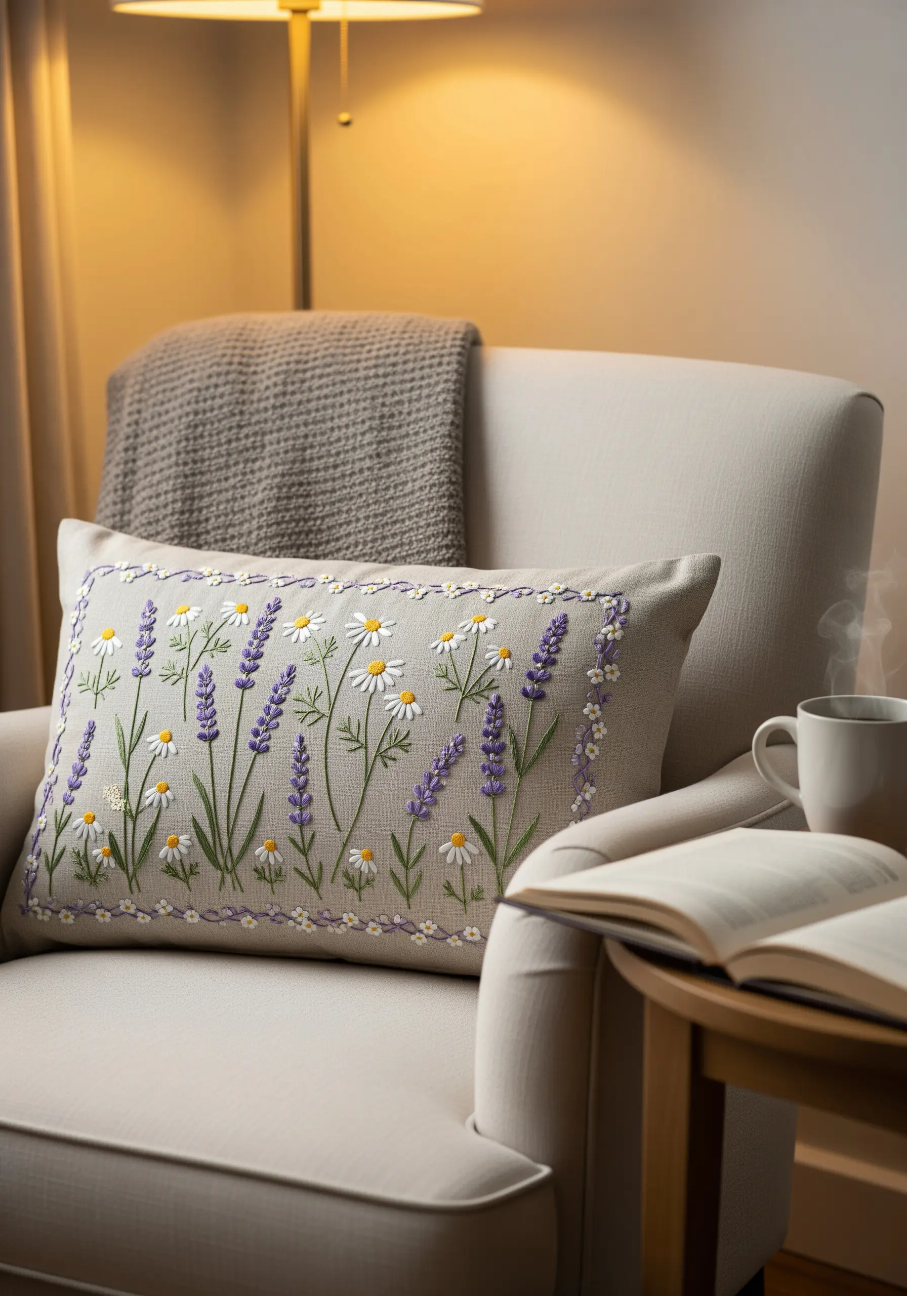 Embroidered cushion with lavender and daisy motifs on a cream armchair.