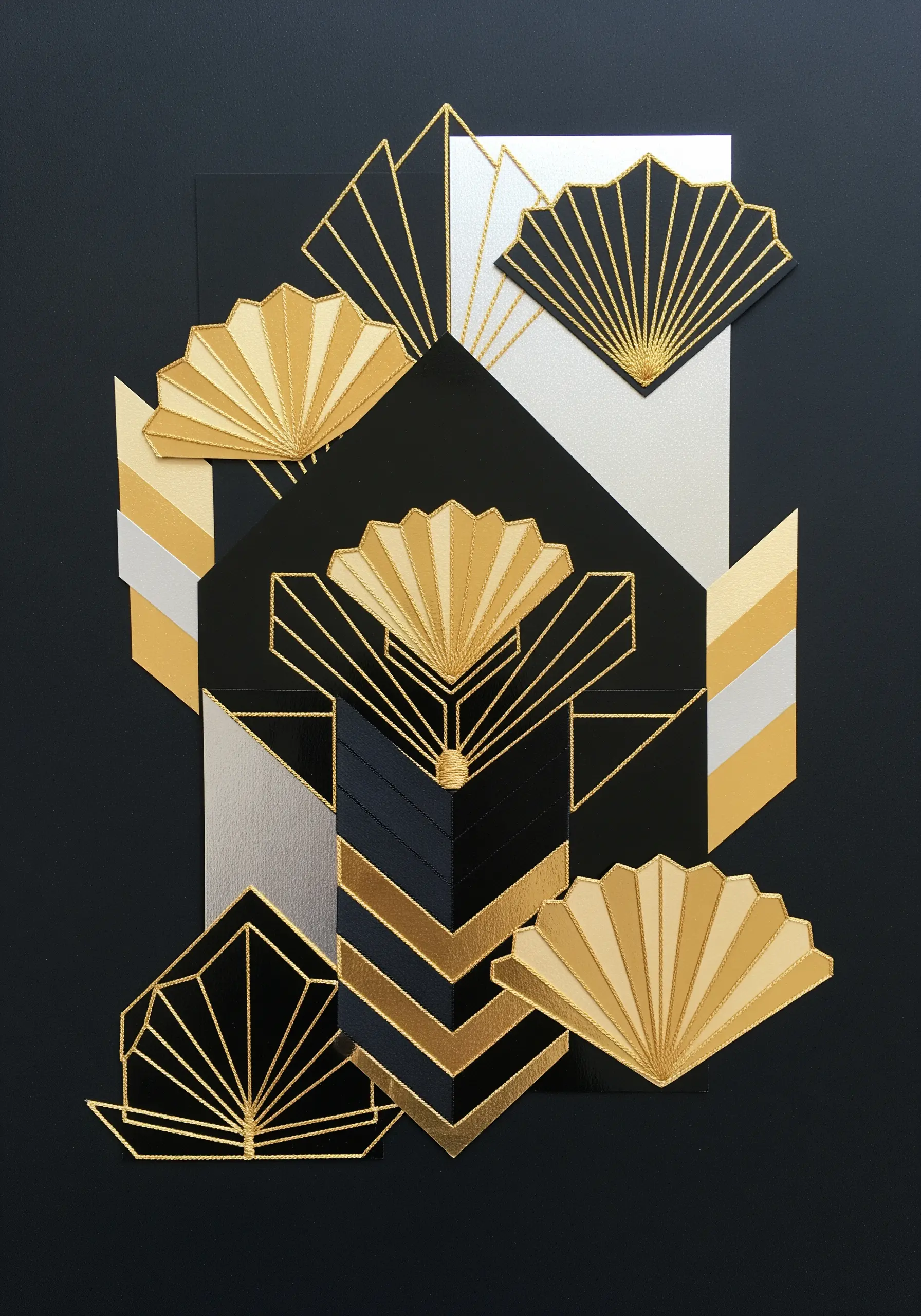 An Art Deco-style collage of geometric fans, detailed with gold and black satin stitch.