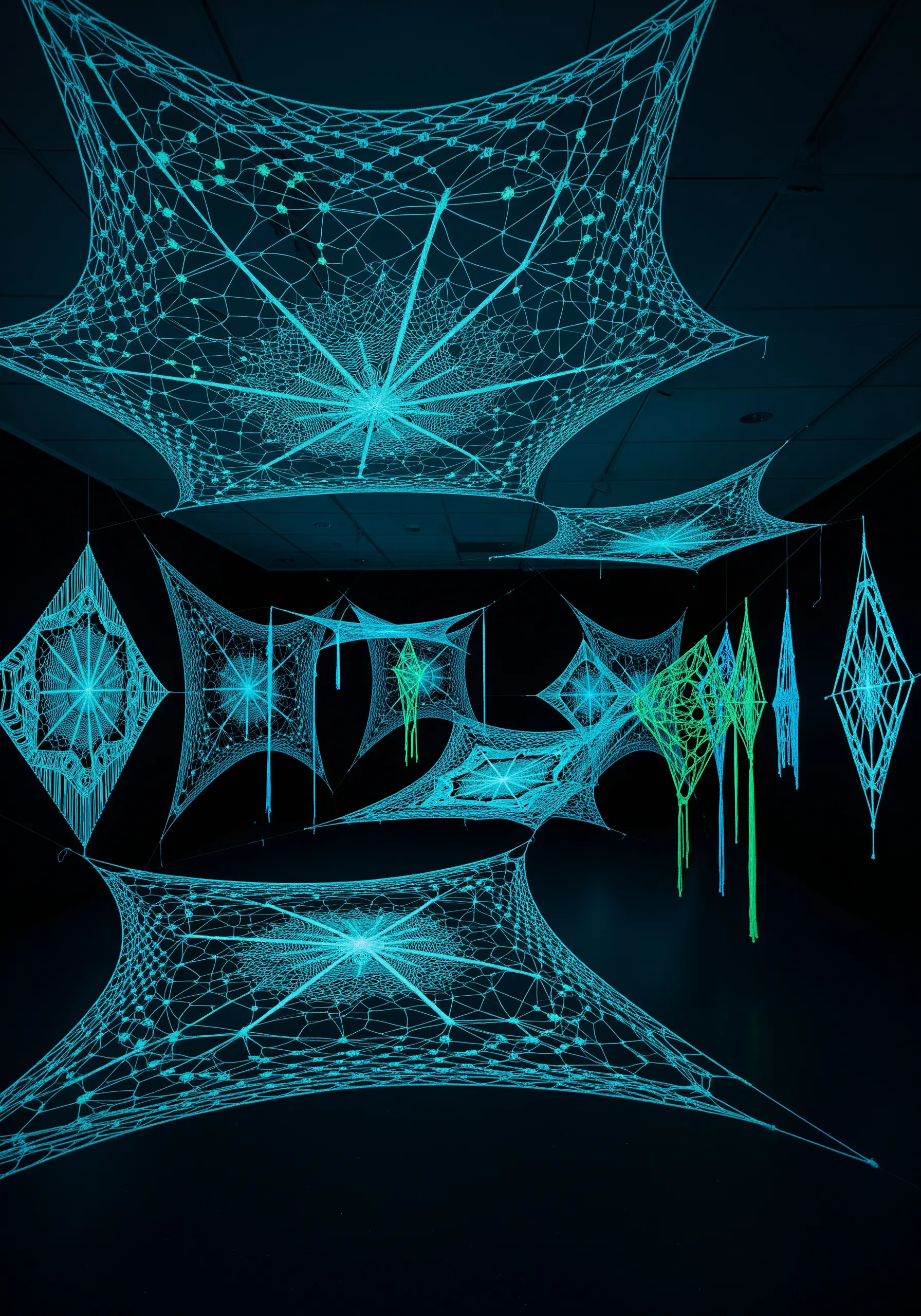 Geometric string art installations glowing with a vibrant neon blue light in a dark room.