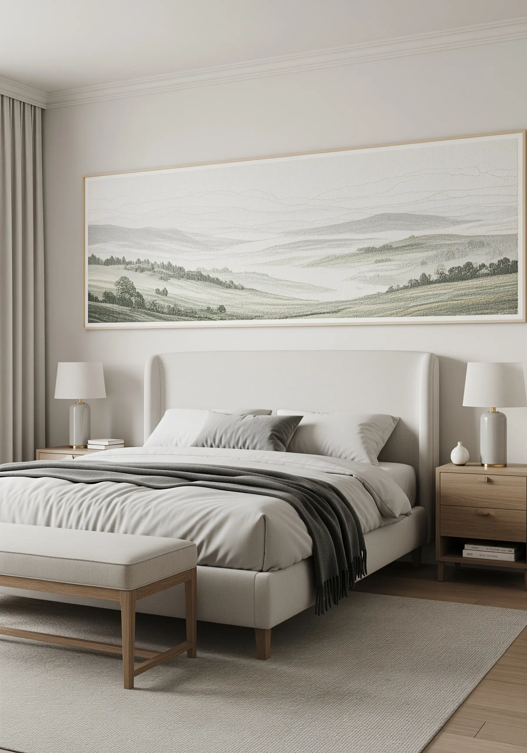 A large panoramic embroidery of misty, rolling green hills hanging above a neutral bed