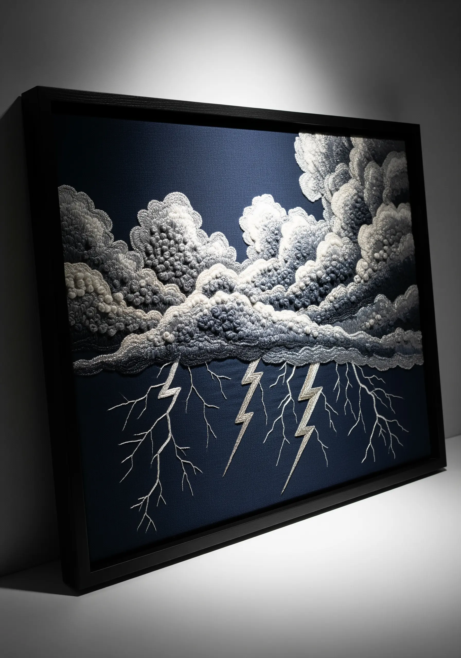 Framed embroidery of voluminous white clouds and silver lightning on a dark blue canvas.