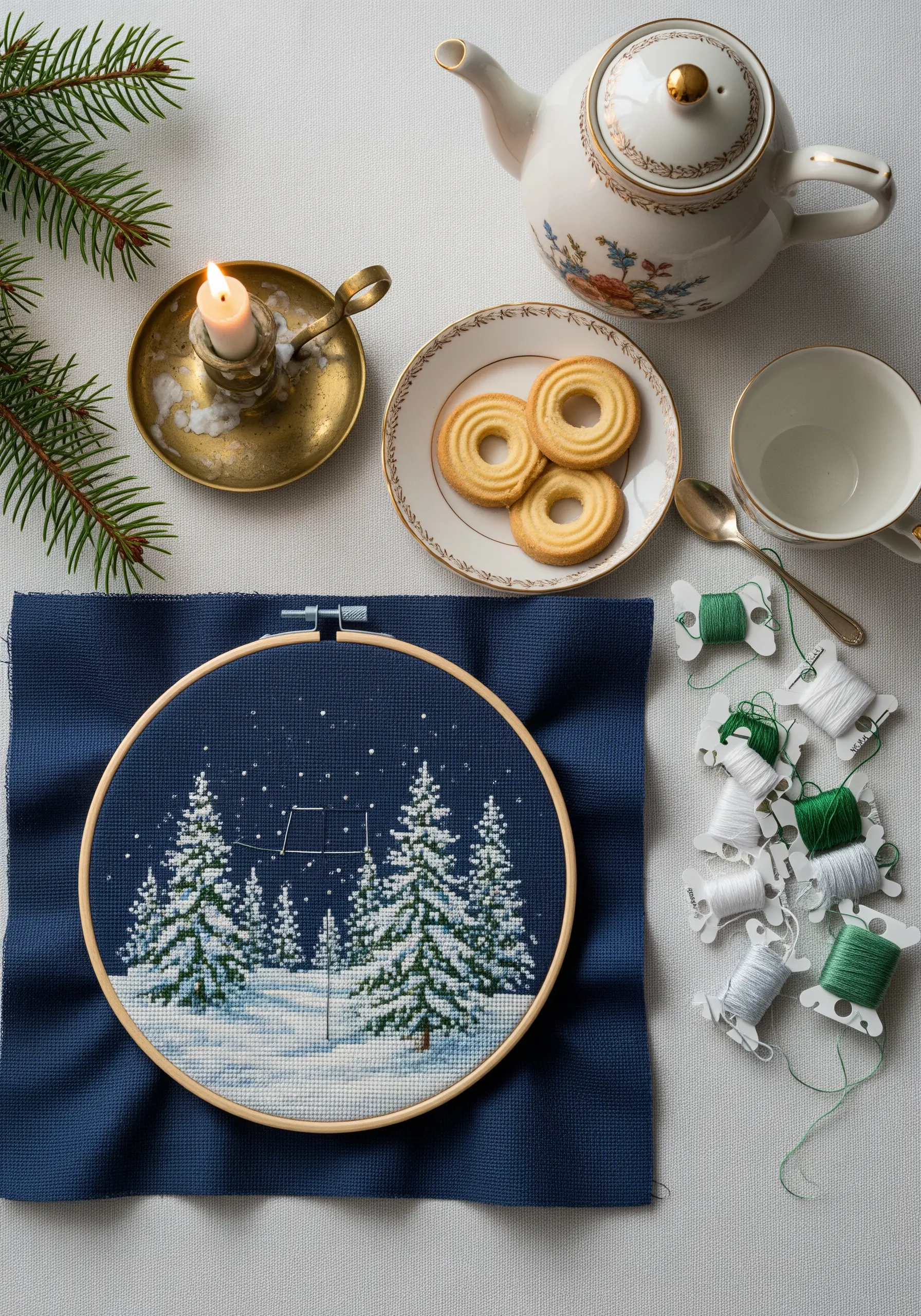 A cross-stitch winter scene on dark blue fabric with snow-covered pine trees.