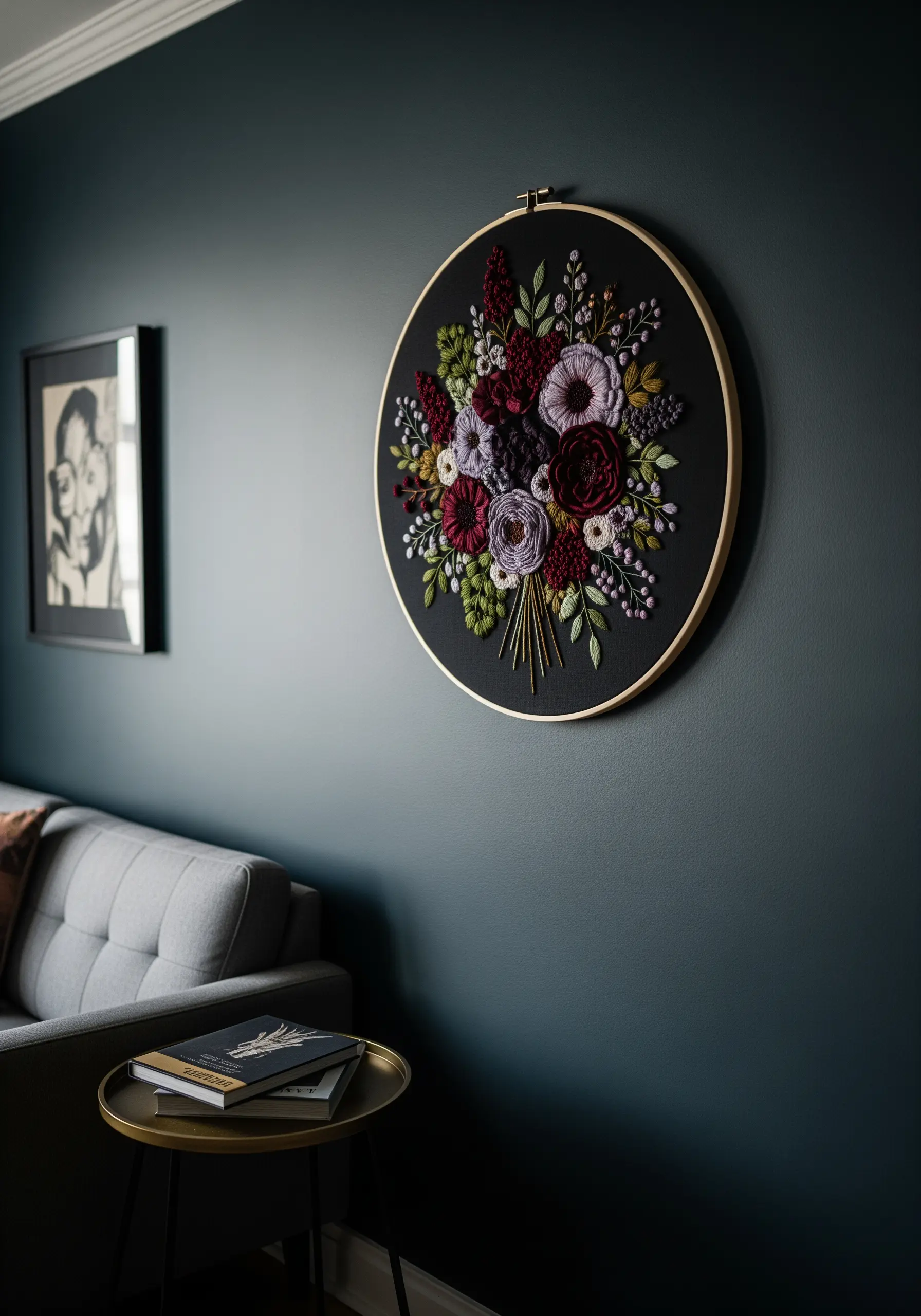 A lush floral bouquet embroidery with jewel tones on a dark background.