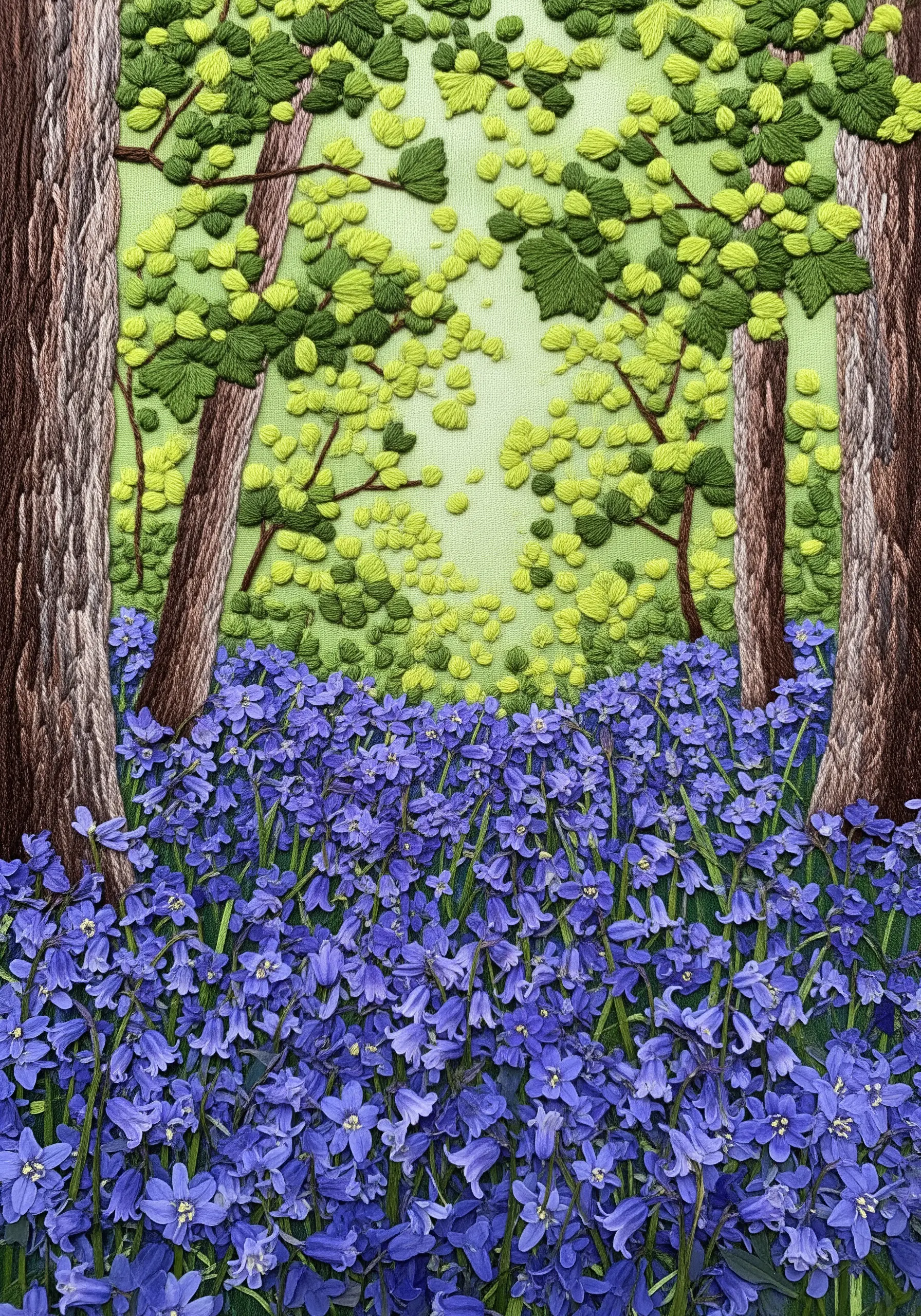 A dense embroidered bluebell wood scene with textured tree trunks.