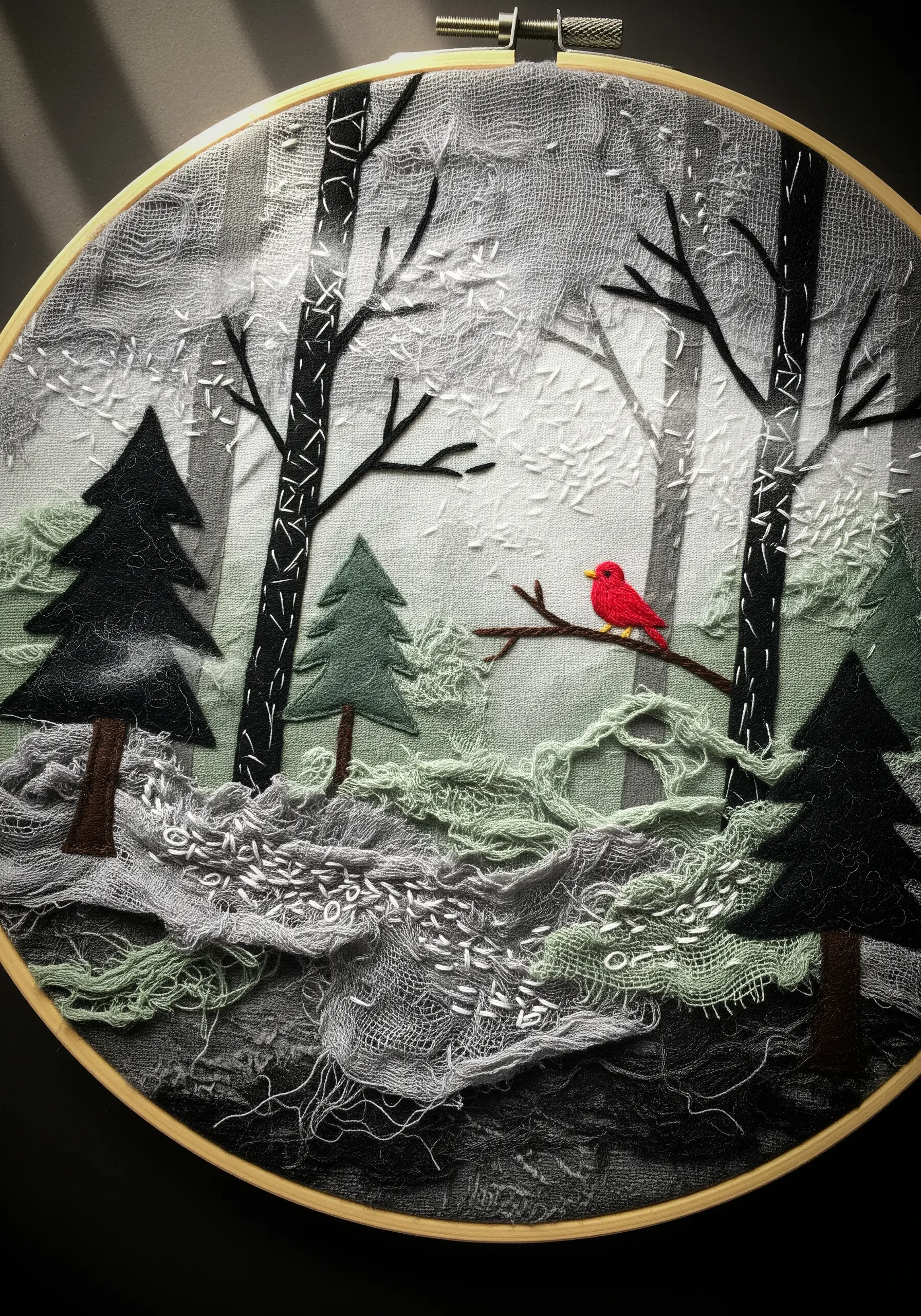 Embroidered forest scene with felt trees and layered cheesecloth for mist.