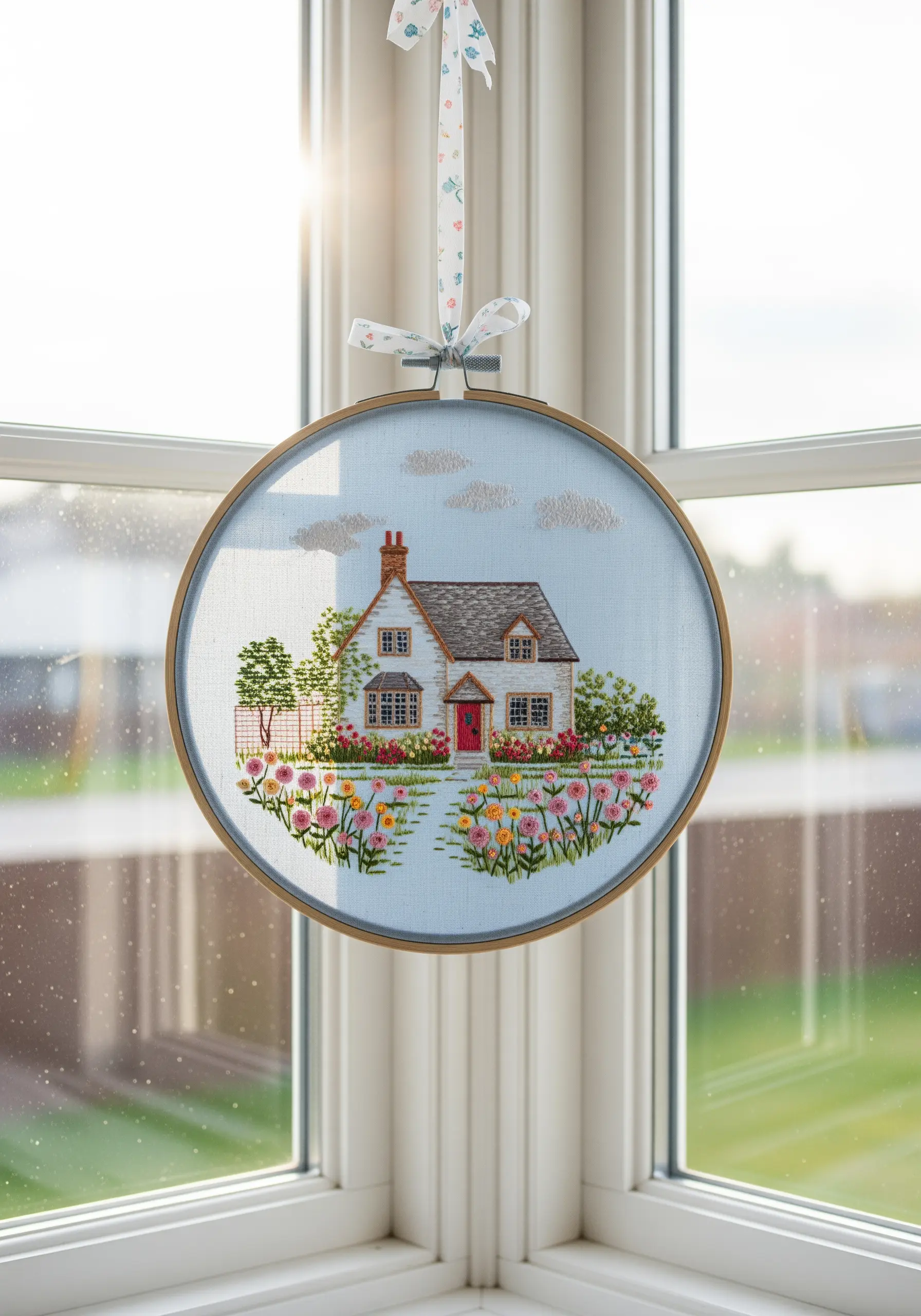 Embroidered cottage scene with a garden of flowers in the foreground.