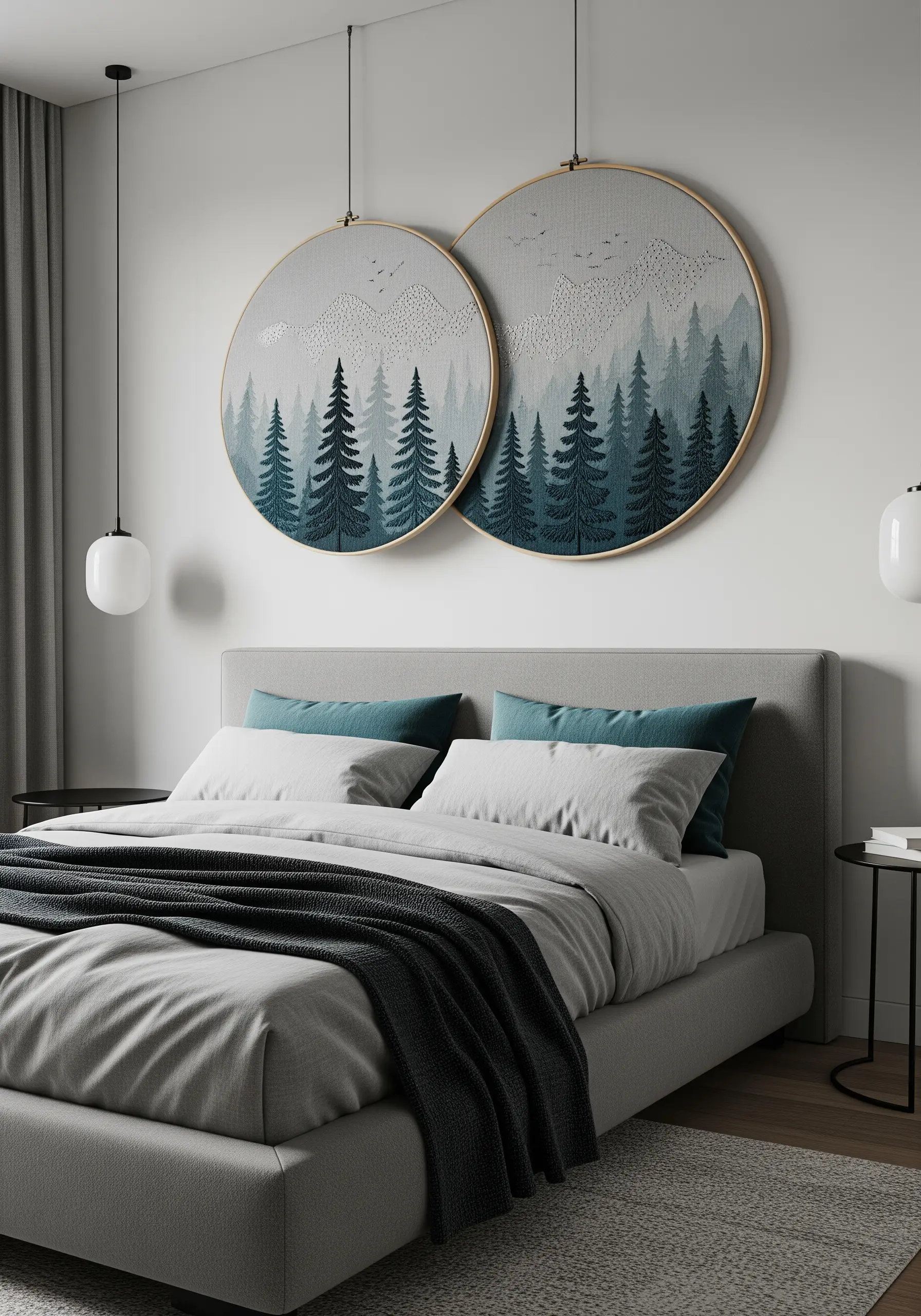 Two large embroidery hoops depicting a misty pine forest in teals and grays.
