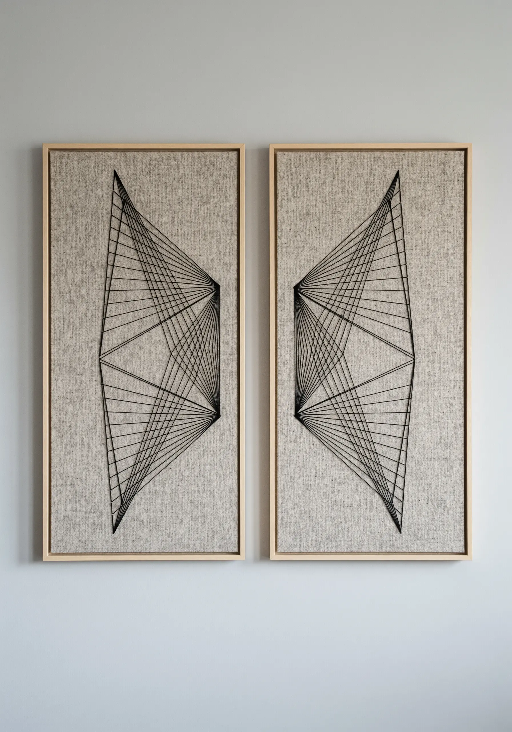 A diptych of two framed abstract geometric shapes stitched in black thread on linen.