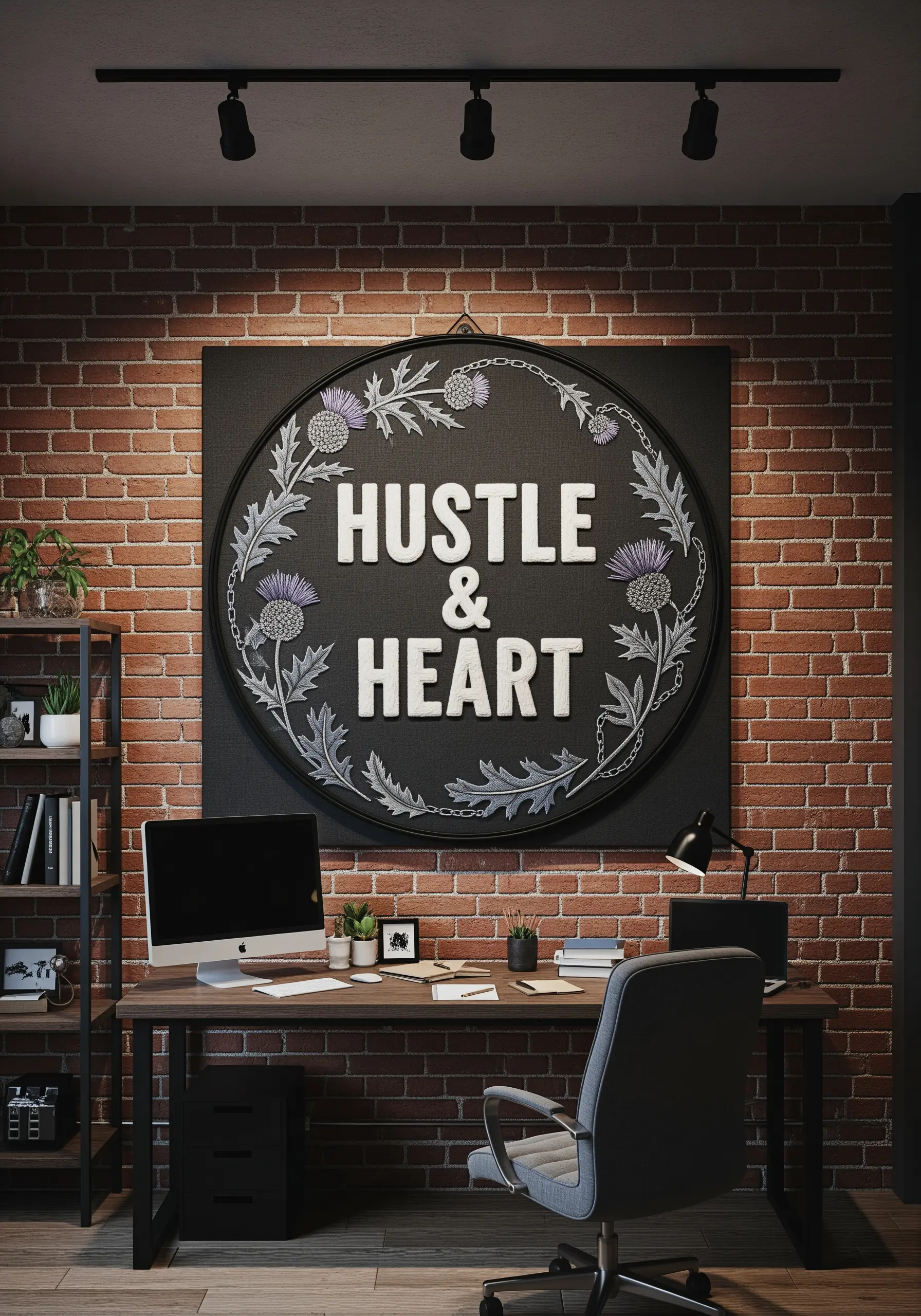 Large-scale hoop art with bold, 3D white lettering on a dark background.