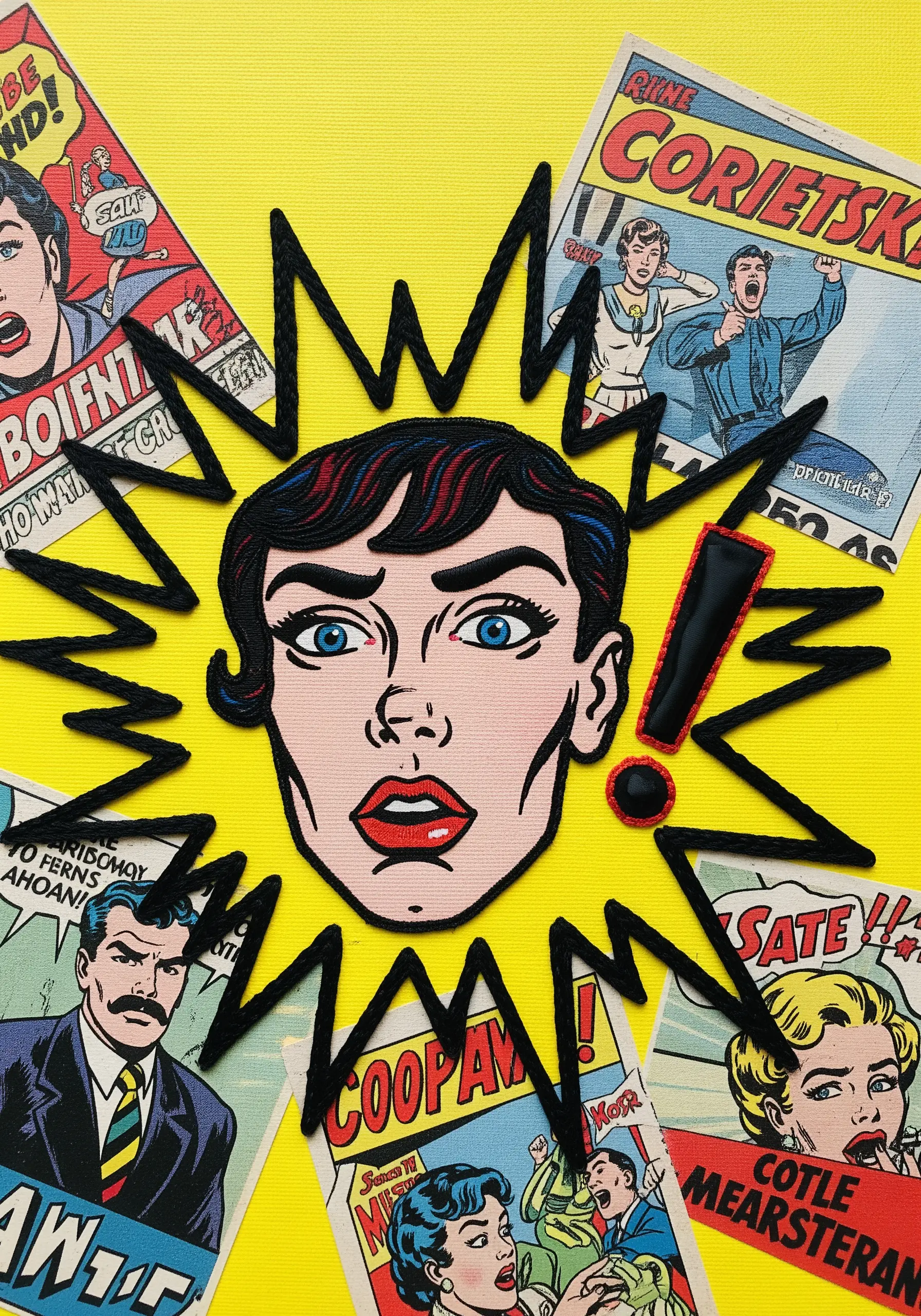 A pop-art collage with a face and exclamation point outlined in thick, black whipped backstitch.