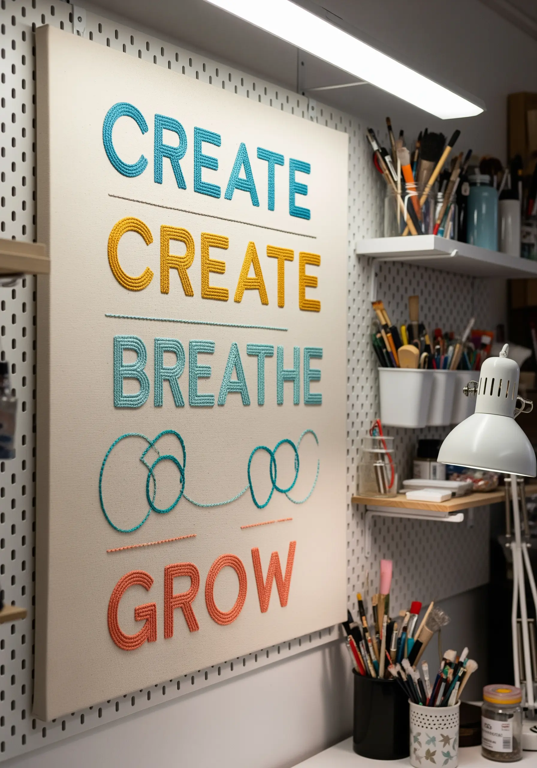 A canvas with the words 'Create, Breathe, Grow' stitched in raised, colorful yarn.