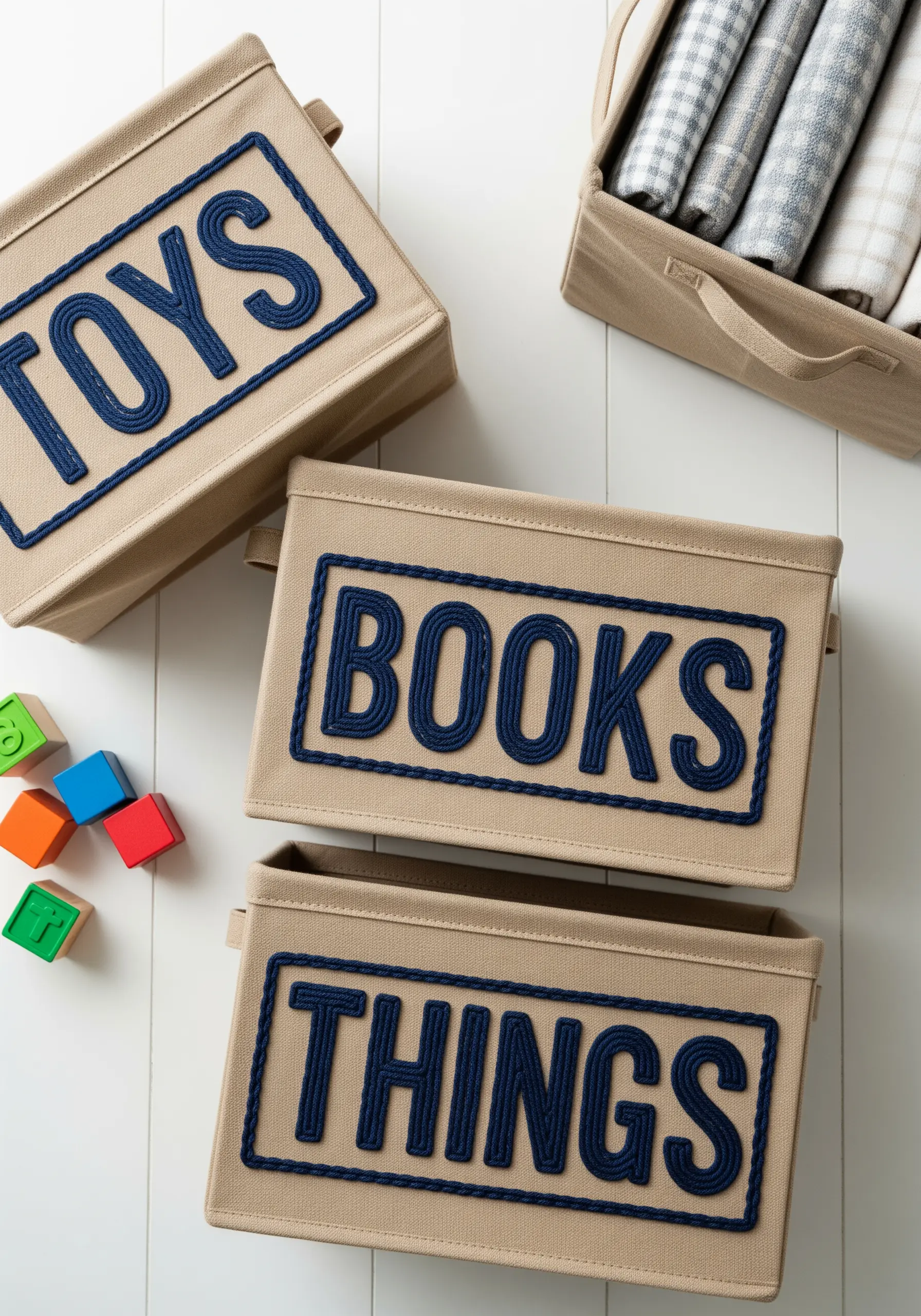 Bold navy blue yarn lettering on canvas storage bins.