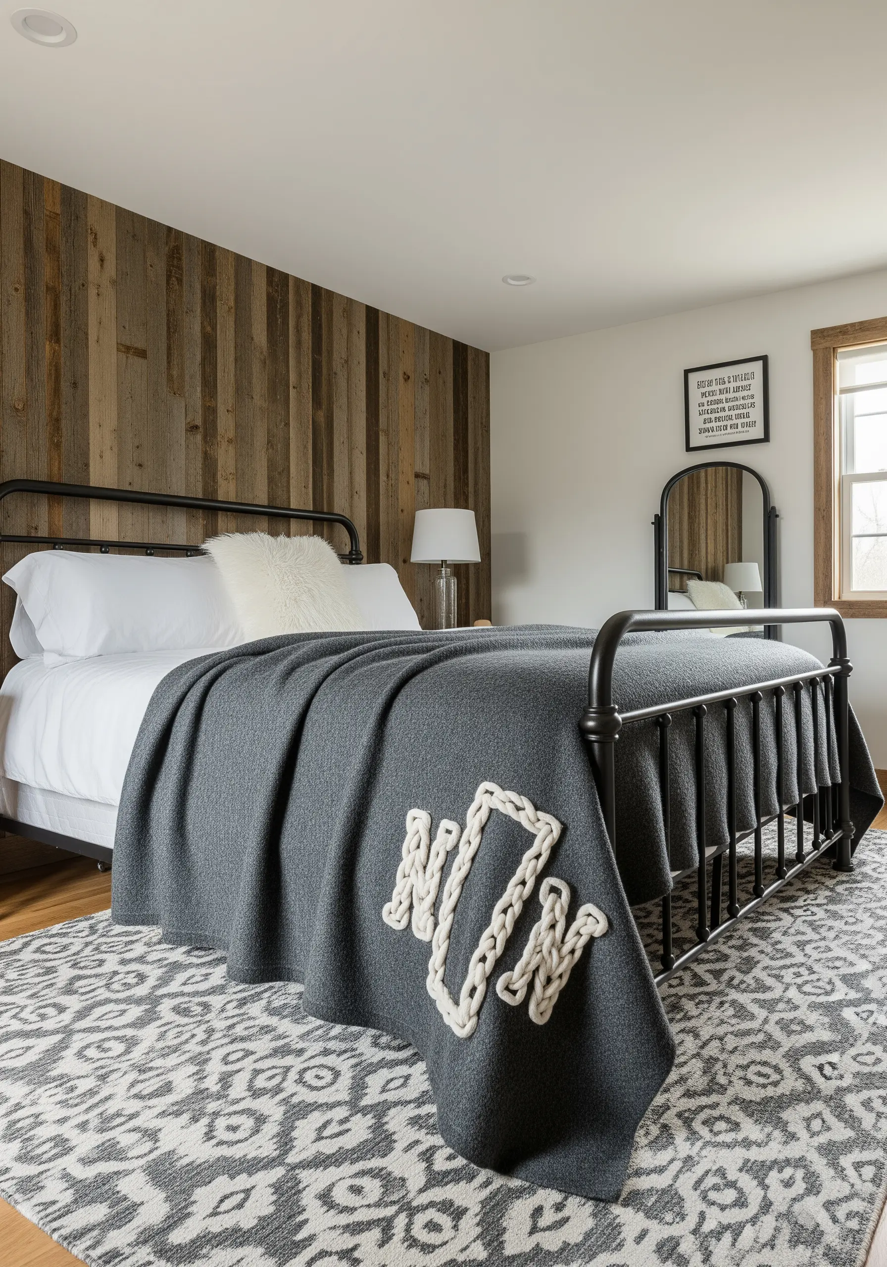 A chunky, cream-colored yarn monogram couched onto a dark gray wool blanket.