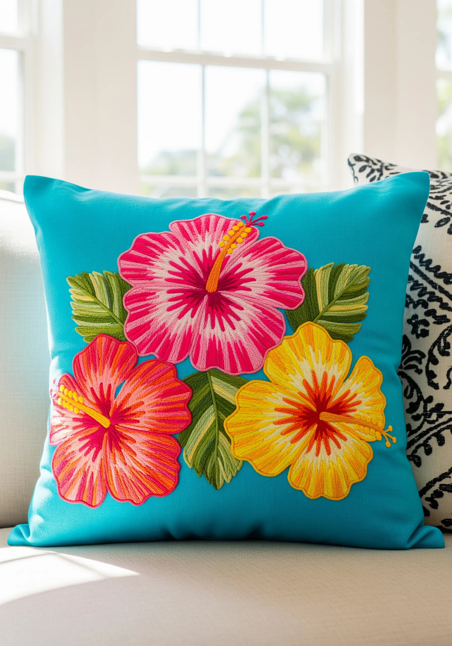 Vibrant pink, orange, and yellow hibiscus flowers embroidered on a bright turquoise pillow.