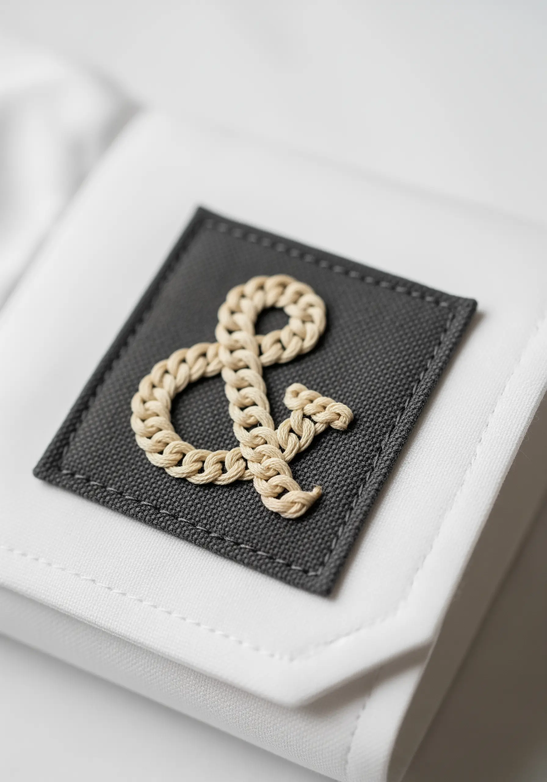 A bold ampersand symbol created with a thick, beige chain stitch on a dark grey patch.