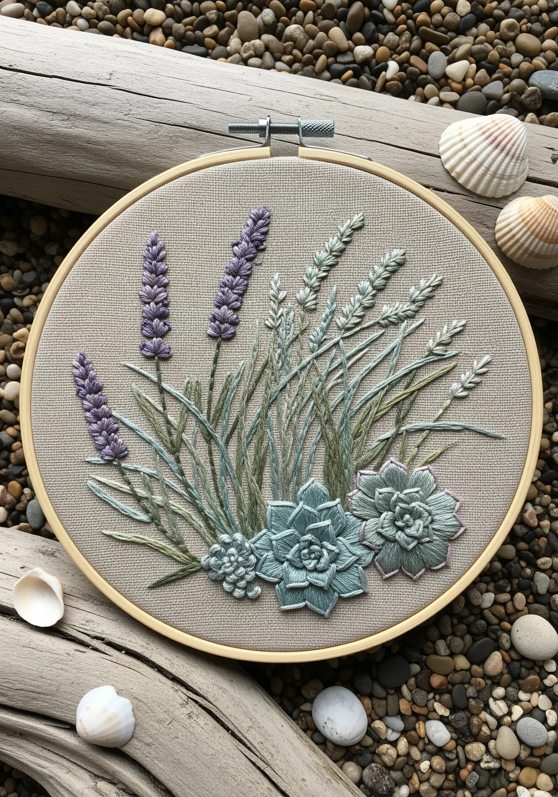 A soft, muted embroidery of lavender and succulents in dusty greens and purples.