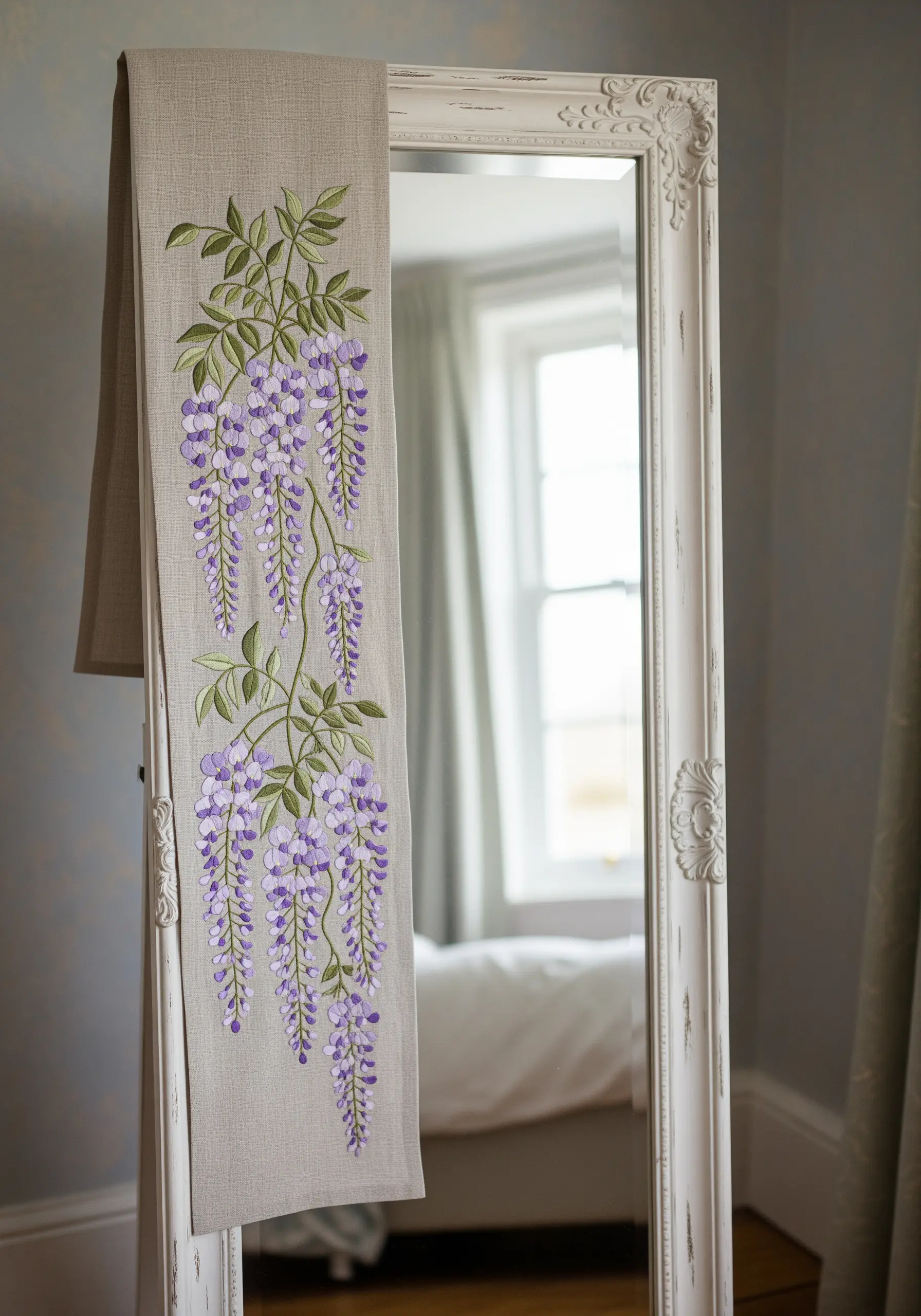 A long linen panel embroidered with purple wisteria vines, draped over a full-length mirror.
