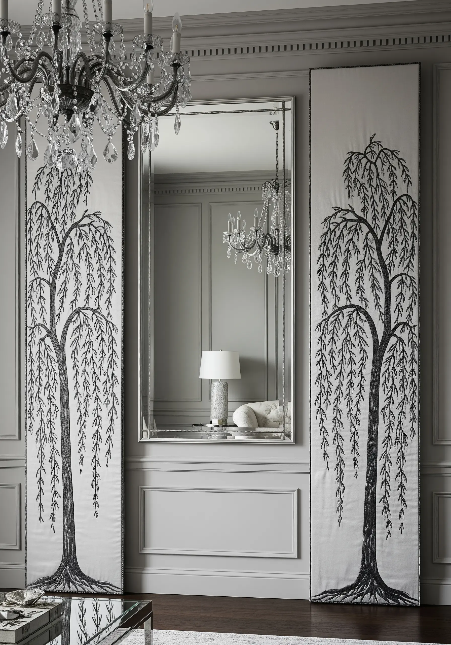 Two tall, narrow panels embroidered with weeping willow trees in black thread.