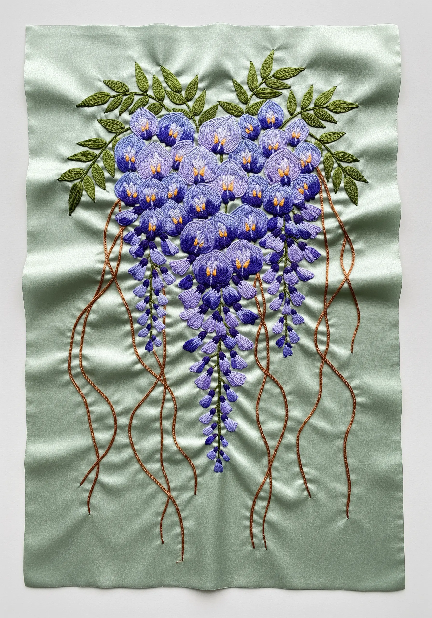 Cascading purple wisteria blossoms embroidered on a piece of light green satin fabric.