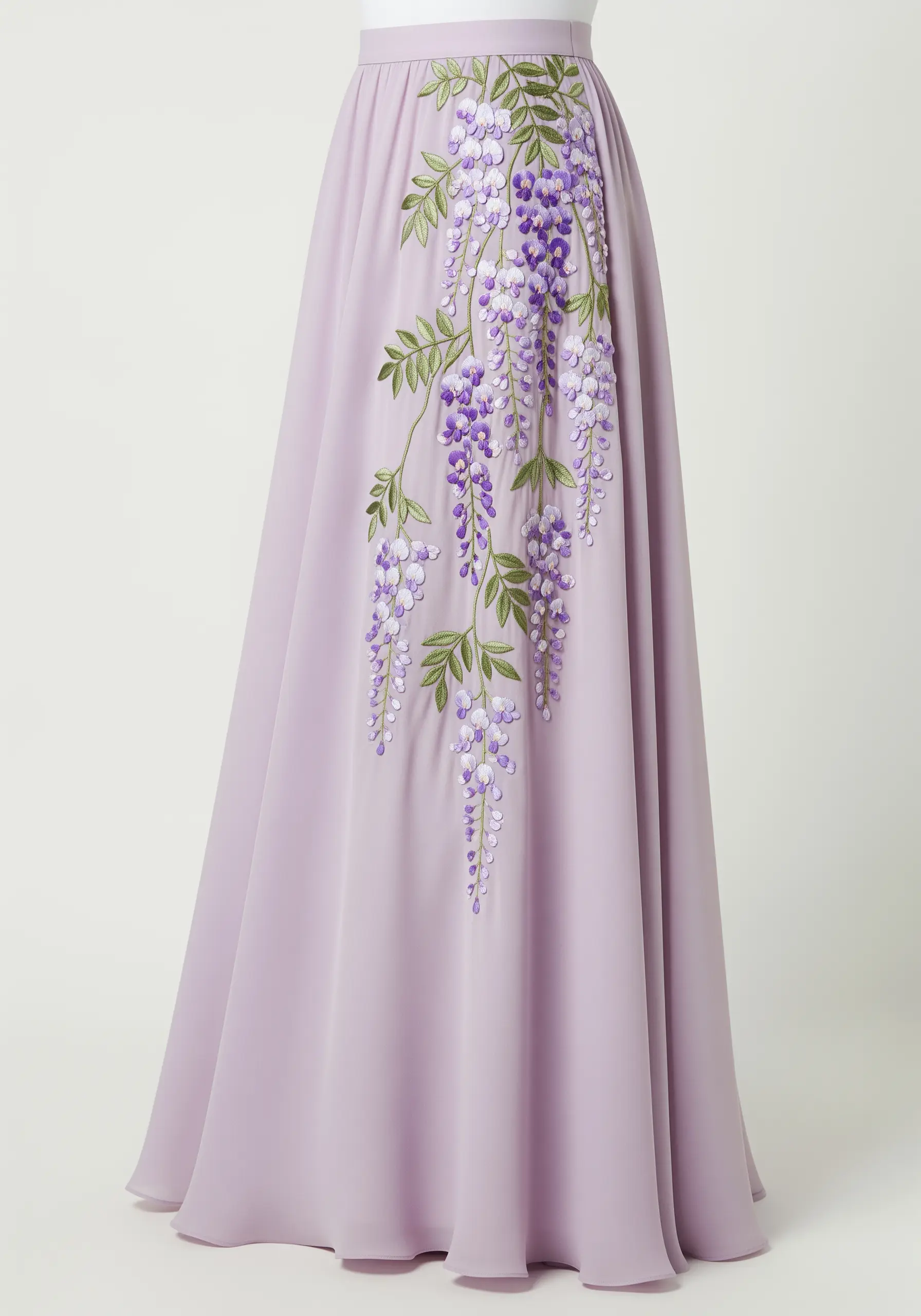 Cascading purple wisteria flowers embroidered on a long, flowing lilac skirt.