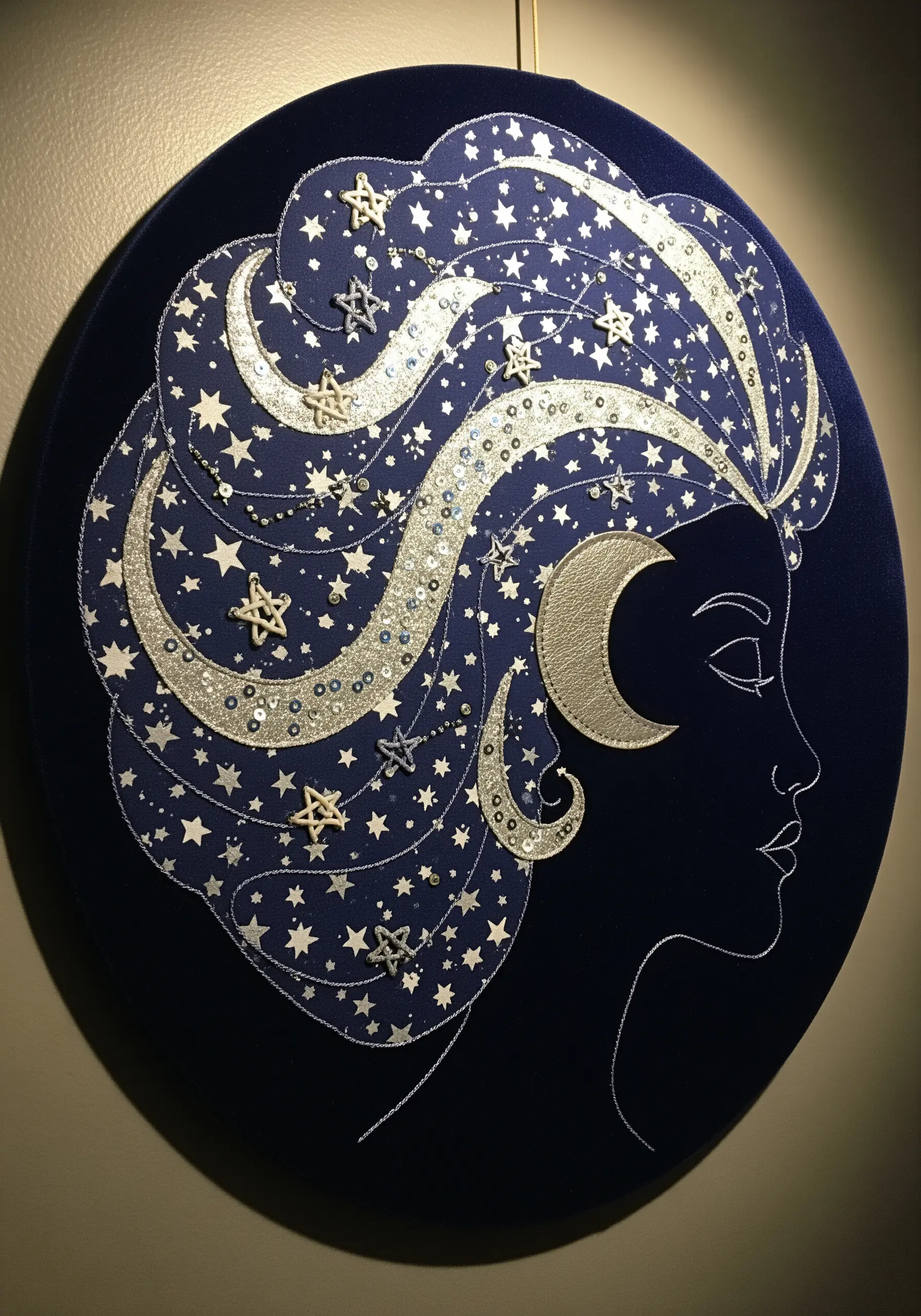 Celestial portrait on dark blue velvet with silver appliqué stars and sequin details.