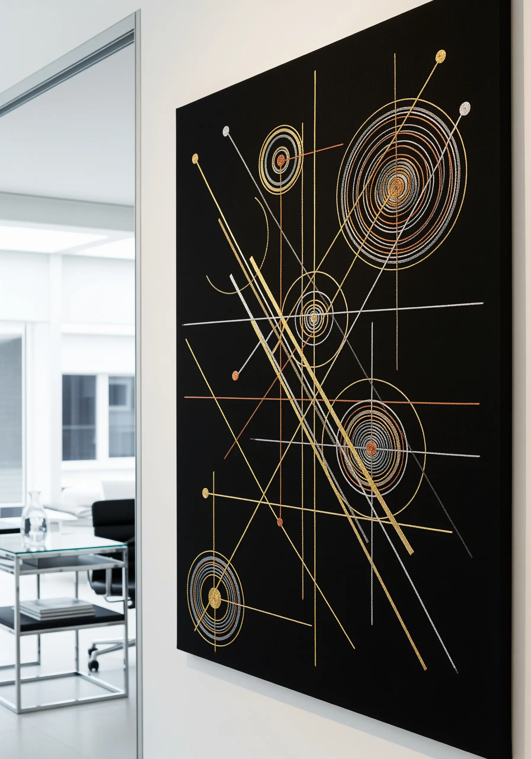 Abstract geometric string art on a black canvas using gold, silver, and copper threads.