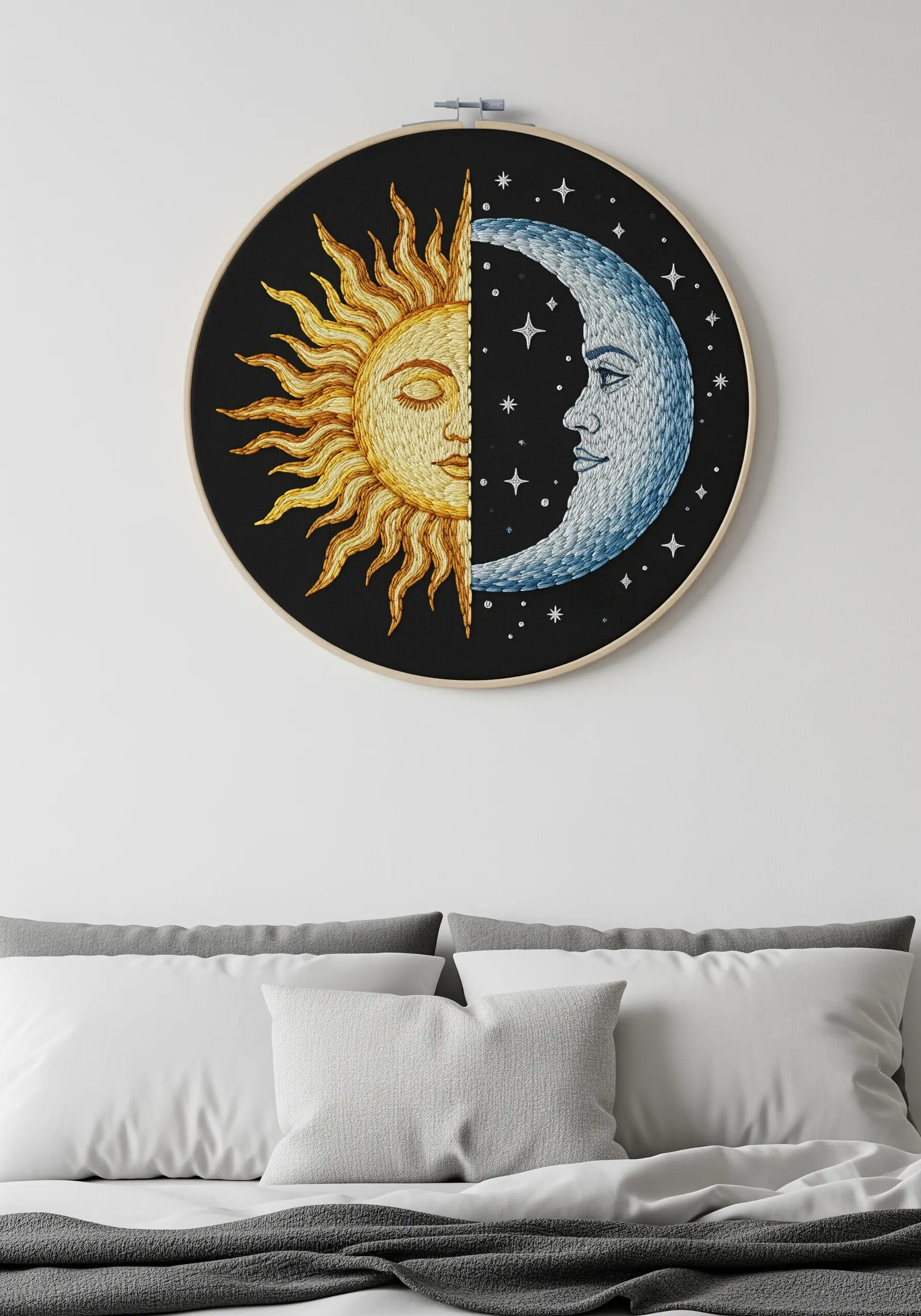A celestial embroidery of a sun and moon, split down the middle, with detailed shading.