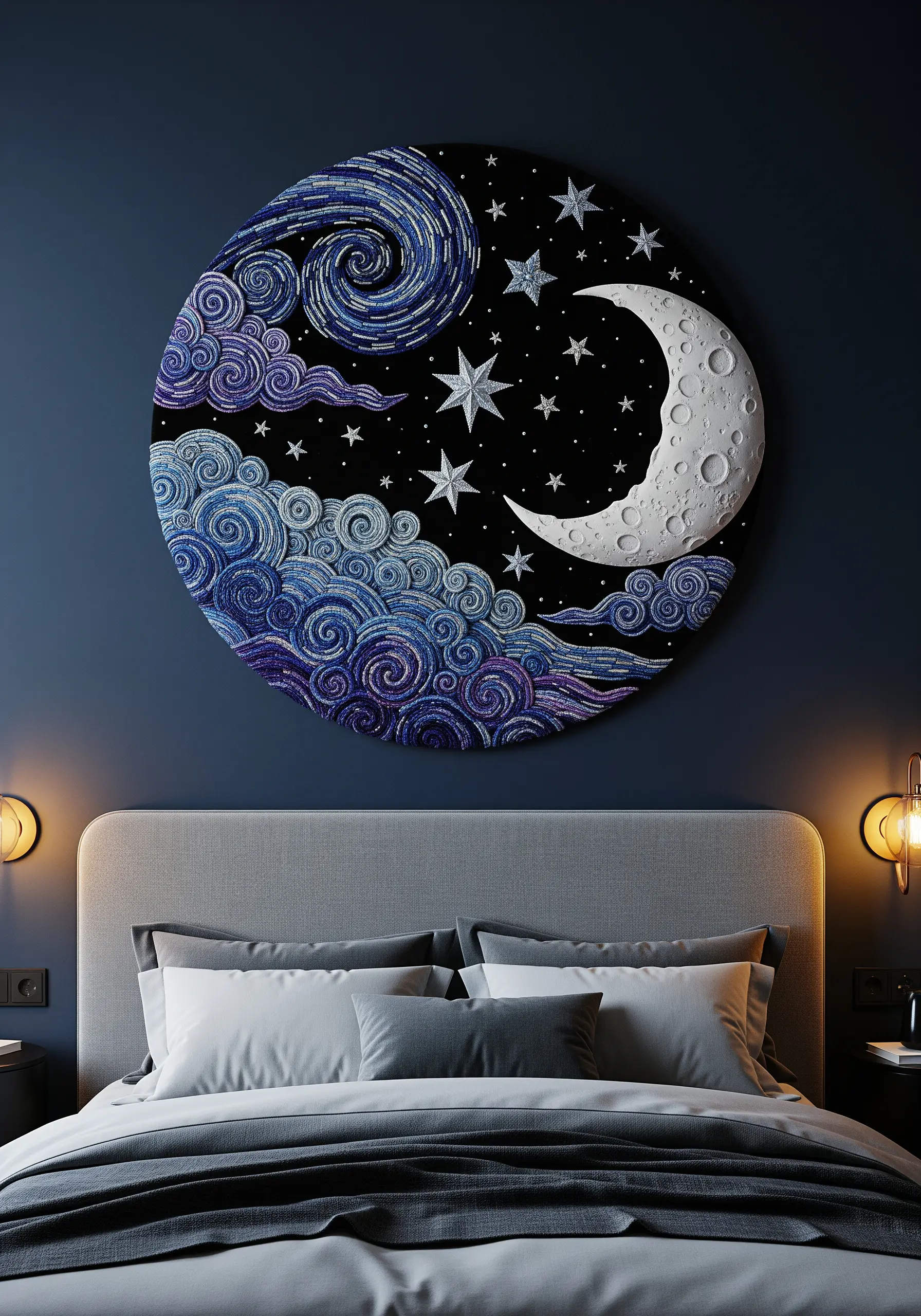 A large circular embroidery of a stylized starry night with a textured moon and clouds