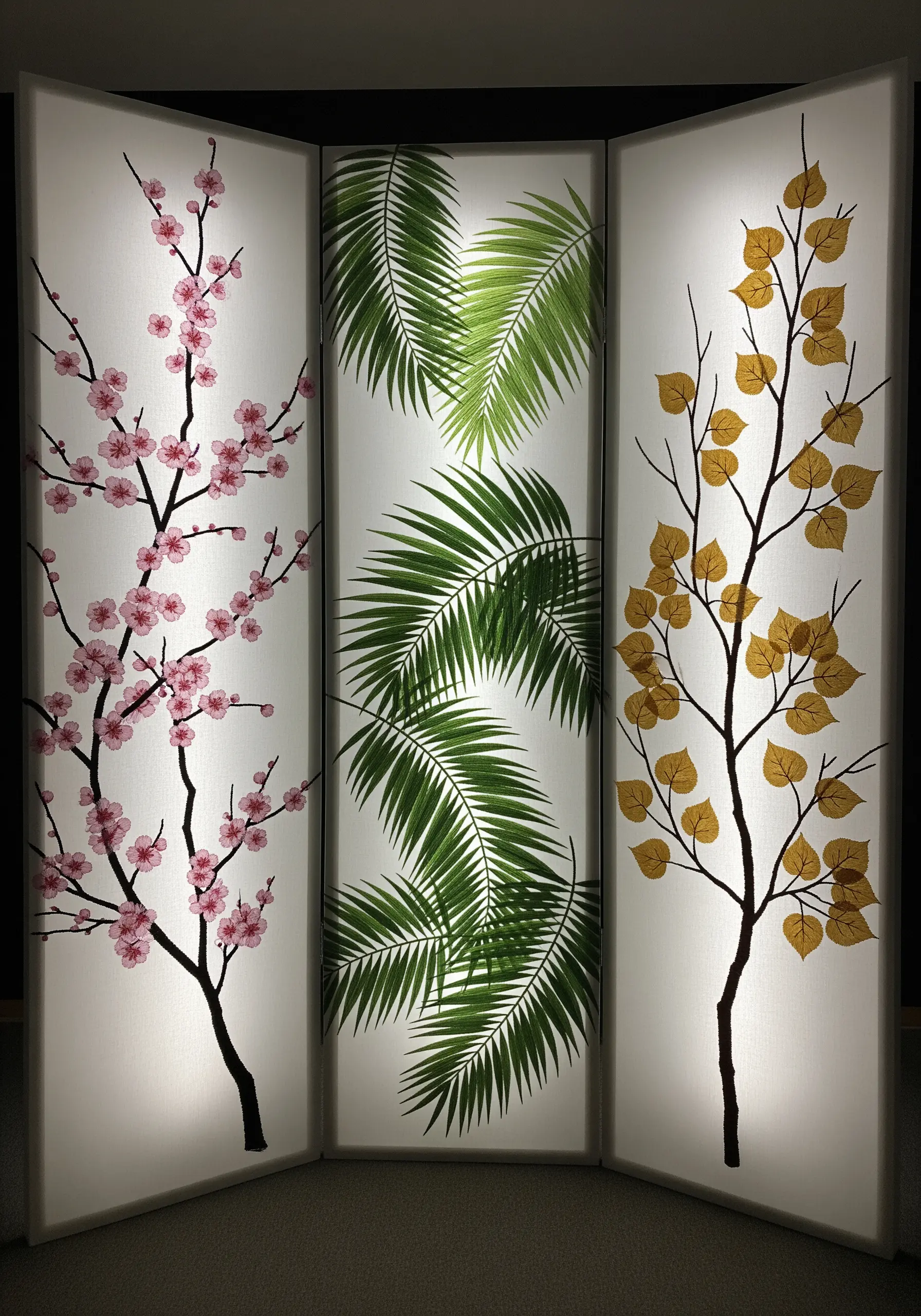 A three-panel room divider, each panel featuring a different embroidered tree or plant.