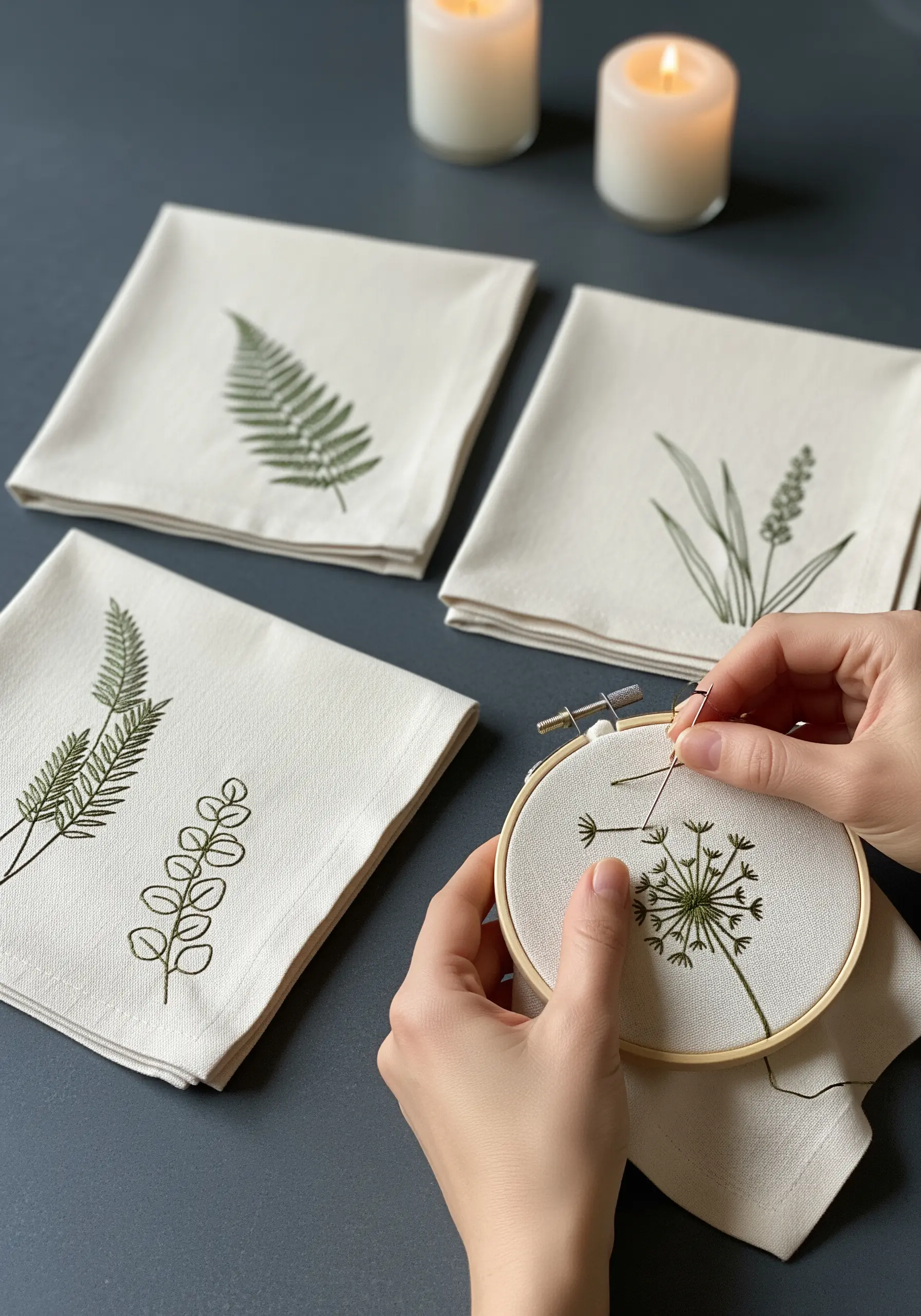 A set of four linen napkins, each with a different minimalist green botanical design.