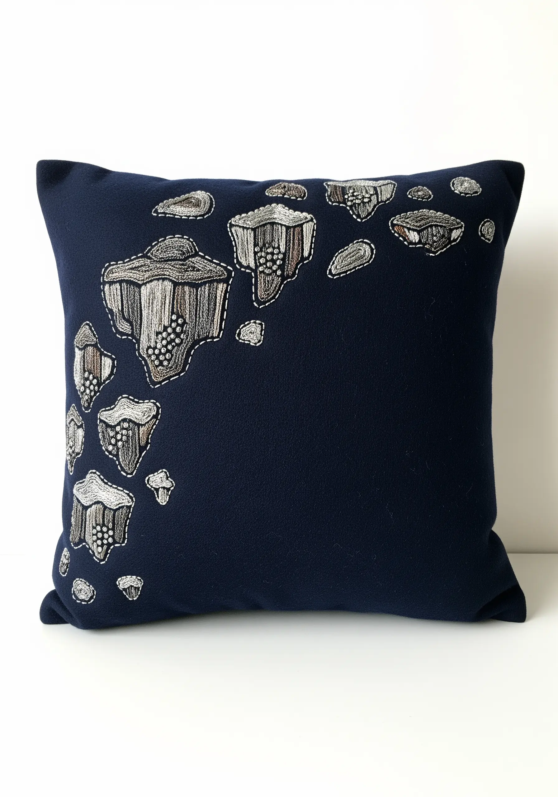 Abstract beaded and stitched motifs floating on a dark navy blue cushion.