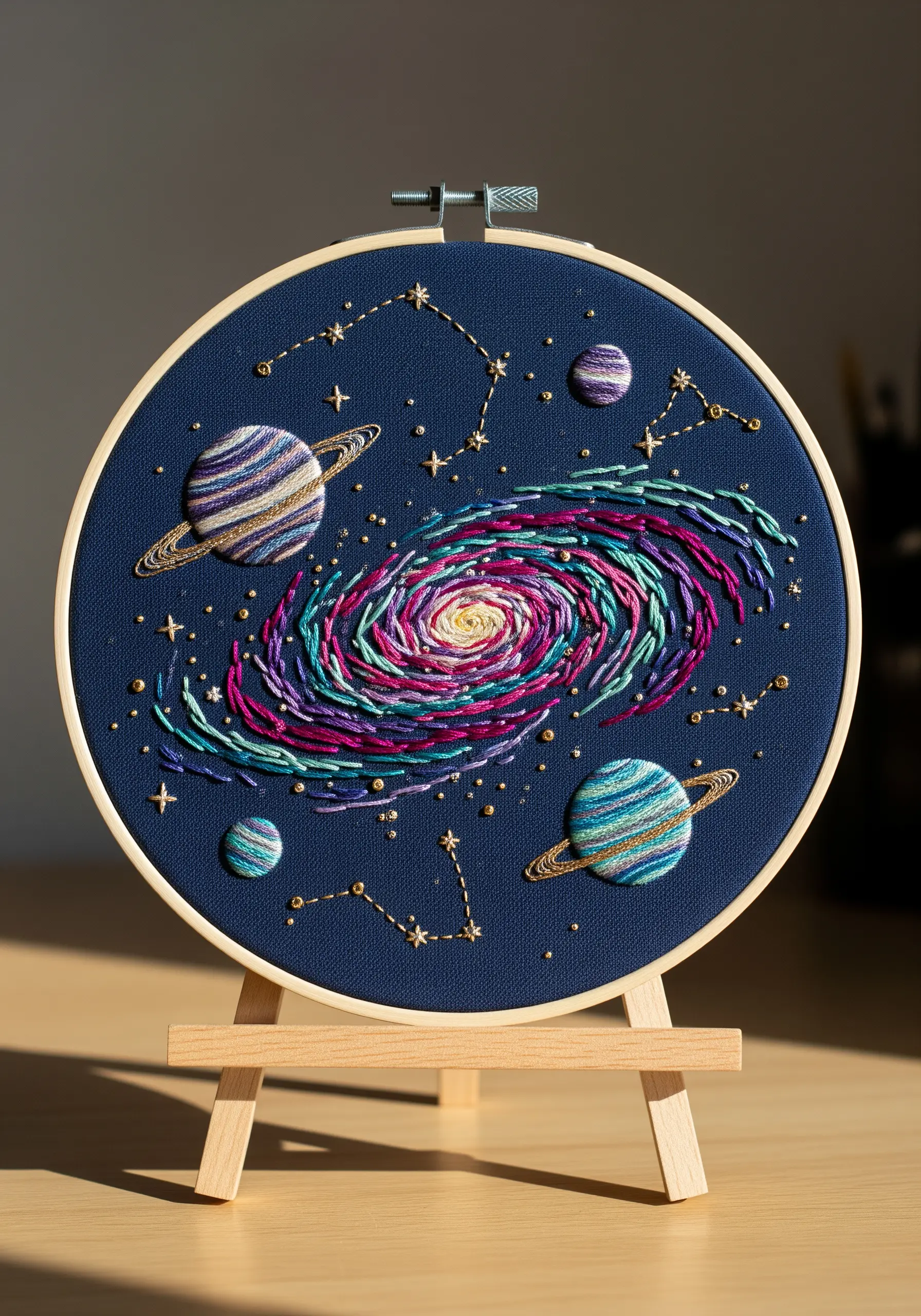 Embroidered galaxy with swirling colors and metallic thread planets on navy blue fabric.