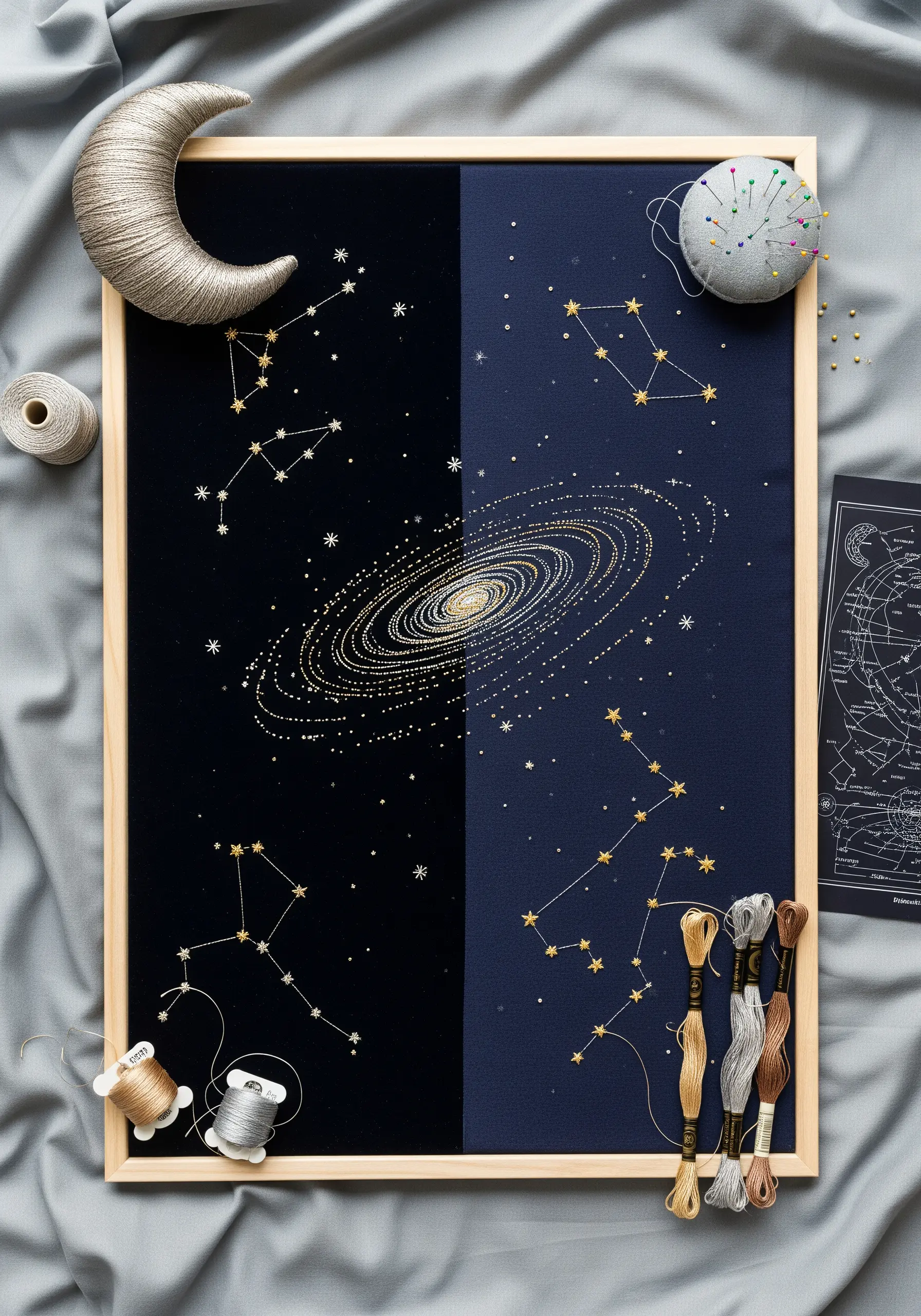 Gold and silver metallic thread embroidery of constellations on dark fabric.