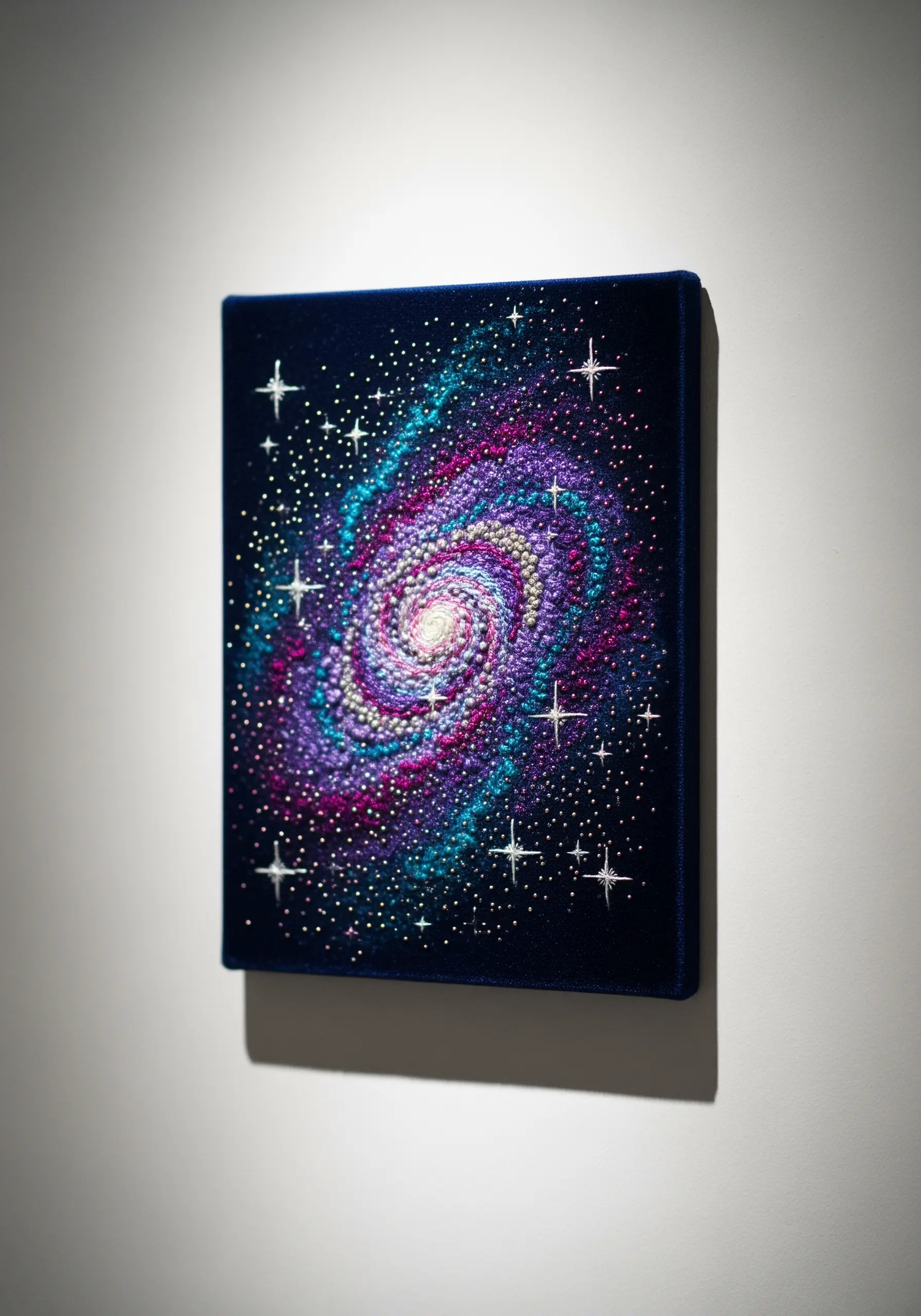 Embroidered spiral galaxy on dark velvet, made with colorful French knots and sparkling stars.