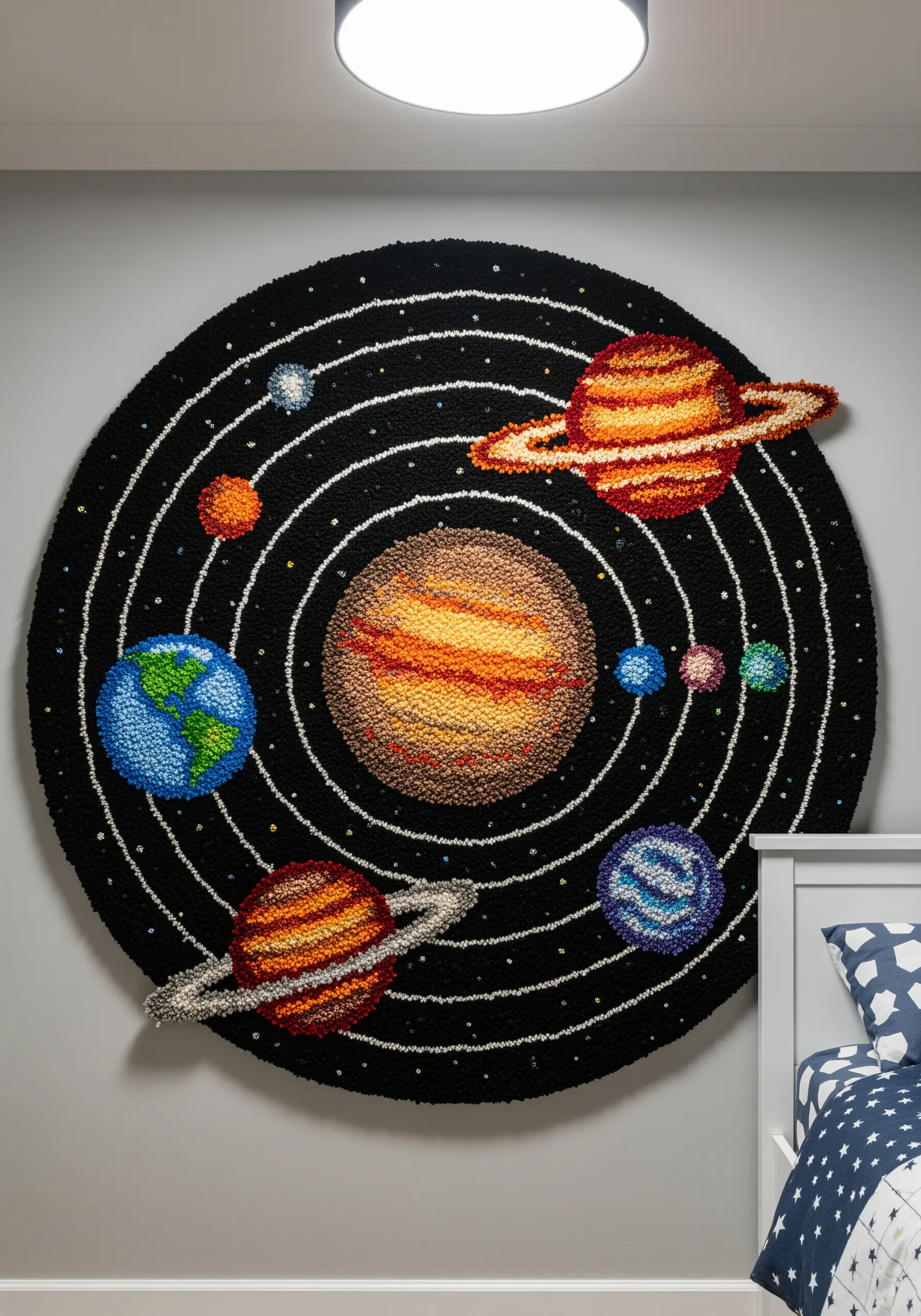 A circular punch needle rug depicting the solar system on a black background.