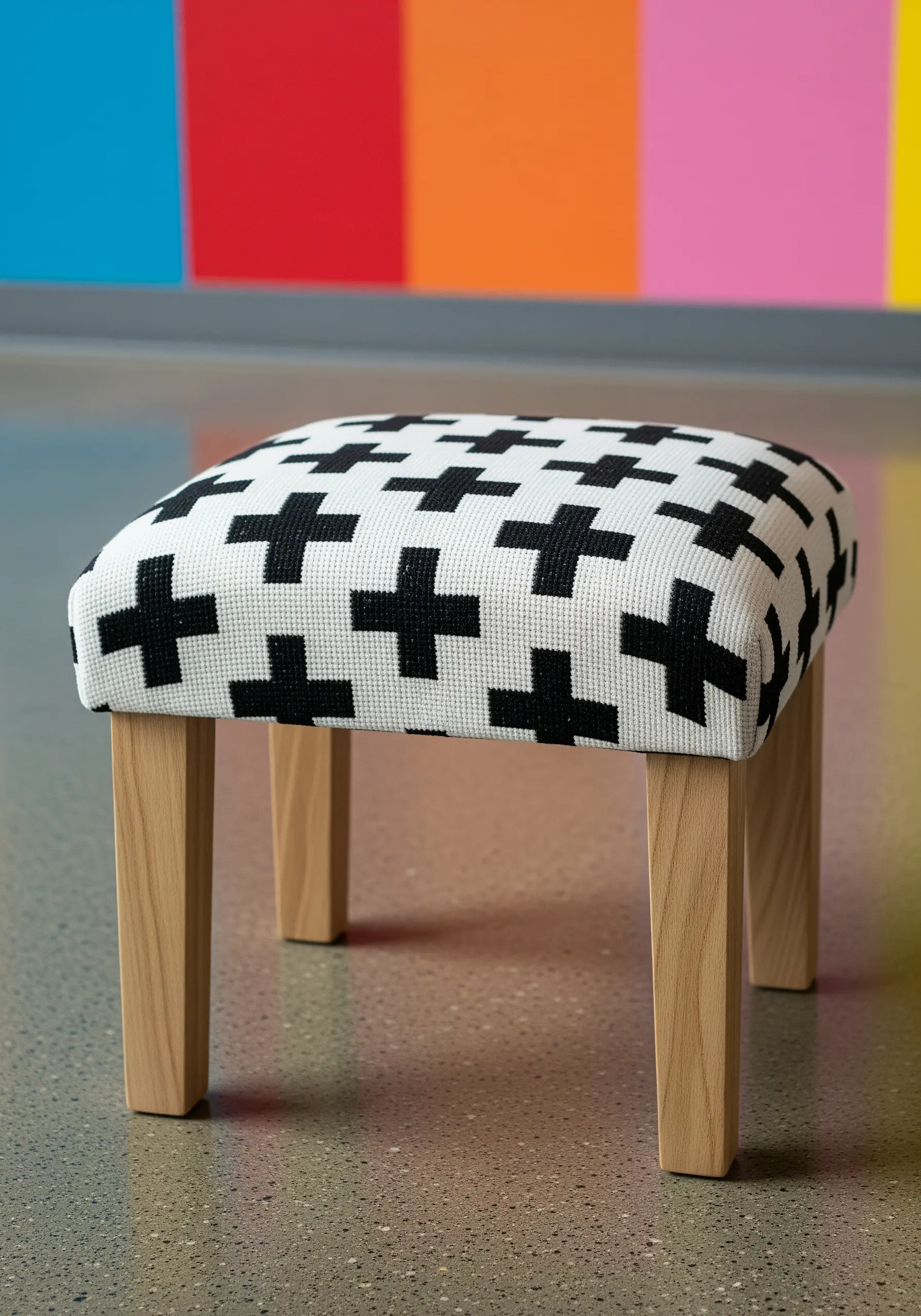 A small footstool upholstered with a white fabric featuring a black cross-stitch plus-sign pattern.