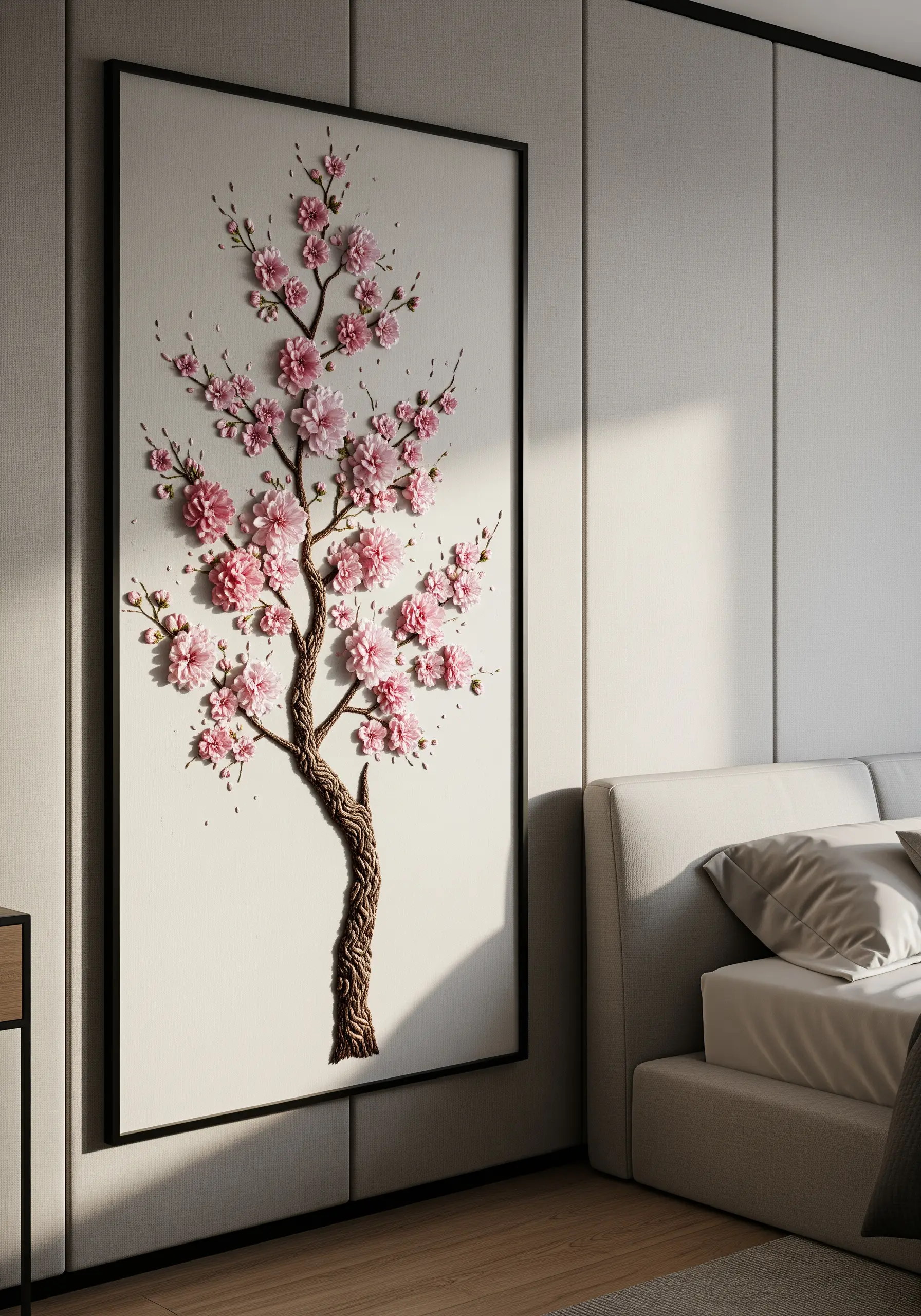 Framed 3D embroidery of a cherry blossom tree with raised pink petals