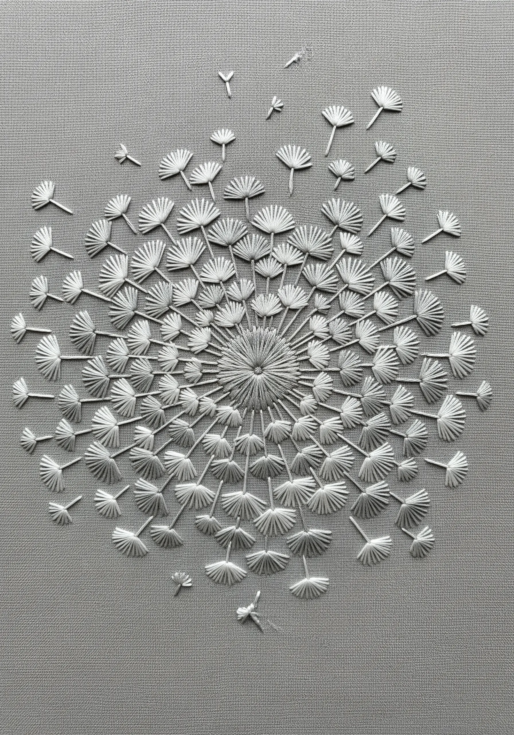 An intricate white mandala on grey fabric, resembling a dandelion clock.
